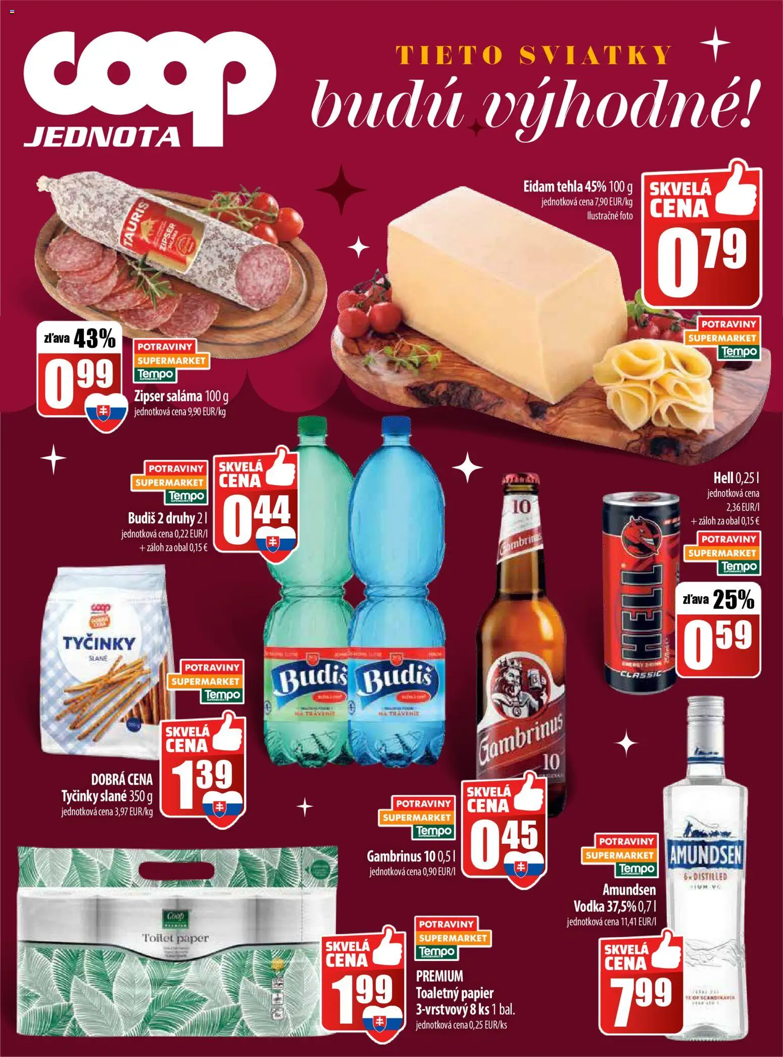 Nové COOP Jednota akcie – leták je platný od 22.12.2025 | Strana: 28 | Produkty: Eidam, Toaletný papier, Budiš, Gambrinus