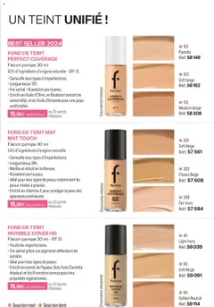 Stanhome - Prévisualisation de FOND DE TEINT PERFECT COVERAGE, Flacon pompe 30 ml. 62% d'ingrédients d'origine naturelle - SPF 15. Camoufle tous types d'imperfections. Longue tenue 12h. Fini satiné - N'assèche pas la peau. Enrichi en Huile d'Olive, en Bisabolol (extrait de camomille), et en Huile d'Amande pour une peau confortable. valide à partir de 08.09.2025 | Page: 43
