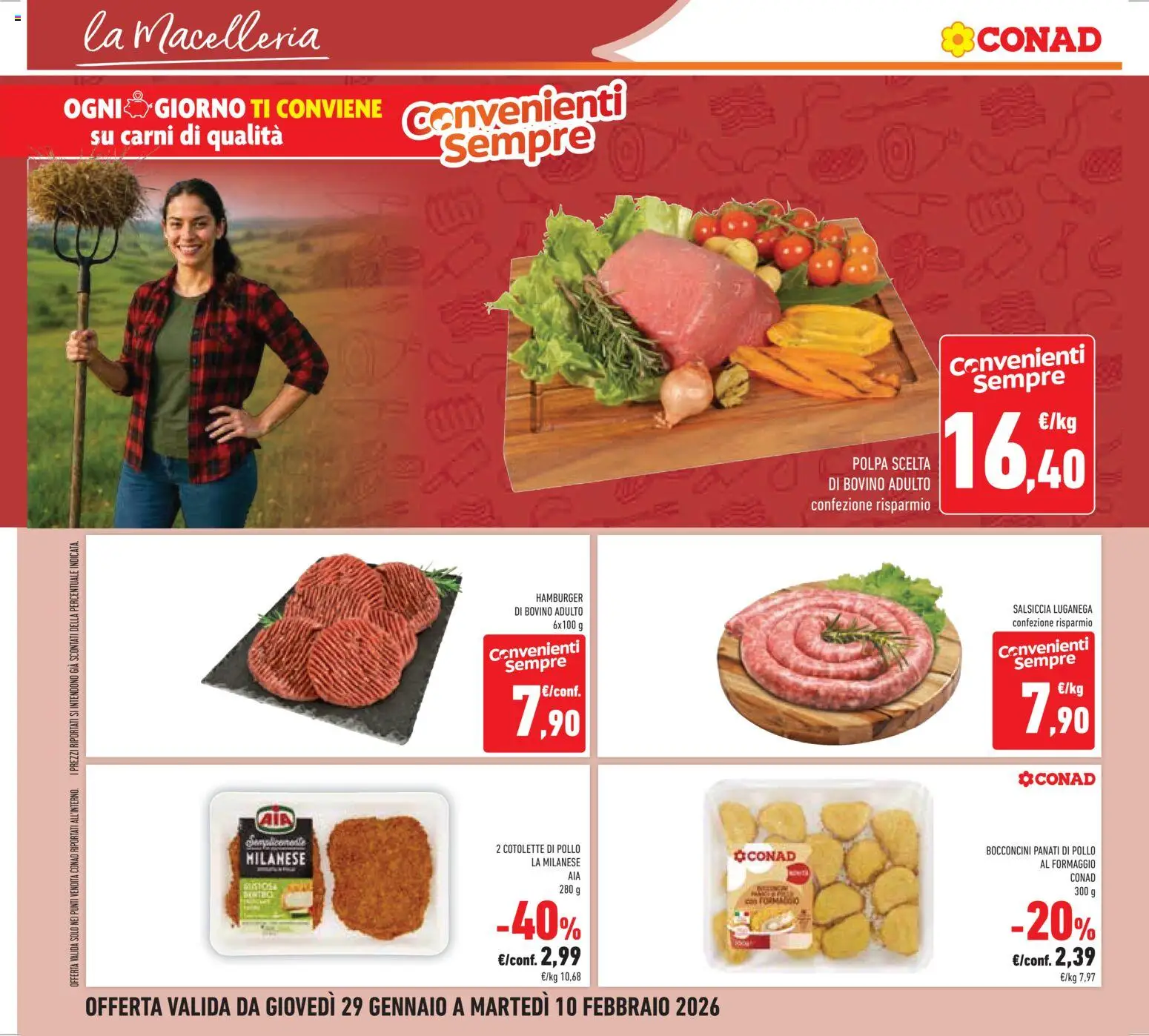 Volantino Conad del 29.01.2026 | Pagina: 12 | Prodotti: Pollo, Nuggets, Formaggio, Hamburger