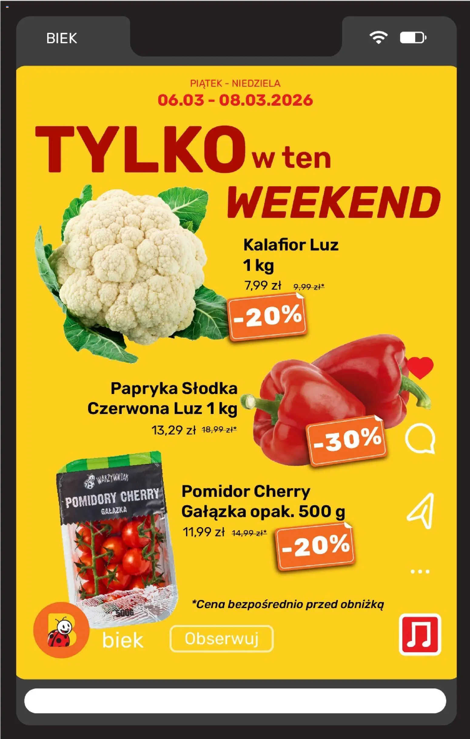 Biedronka gazetka - Biek Exspress od 06.03.2026 | Strona: 4 | Produkty: Kalafior, Papryka, Pomidor cherry, Pomidory