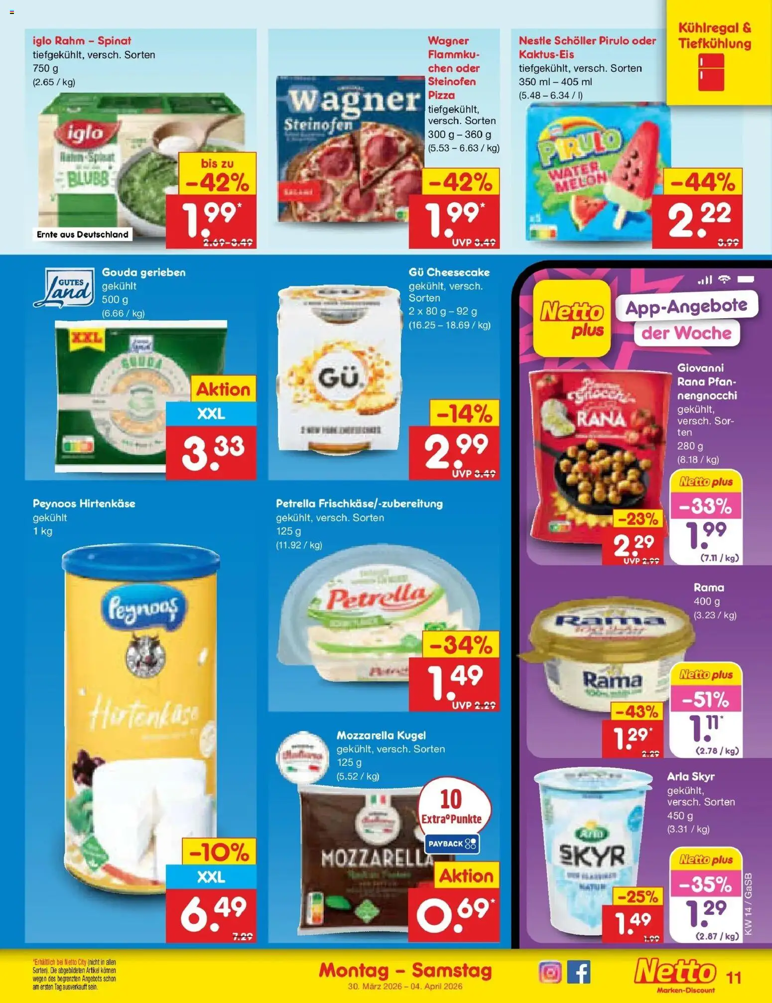 Netto Marken-Discount Prospekt Bremen-Lesum	 – gültig ab 30.03.2026 | Seite: 11 | Produkte: Rama, Mozzarella, Gouda, Pizza
