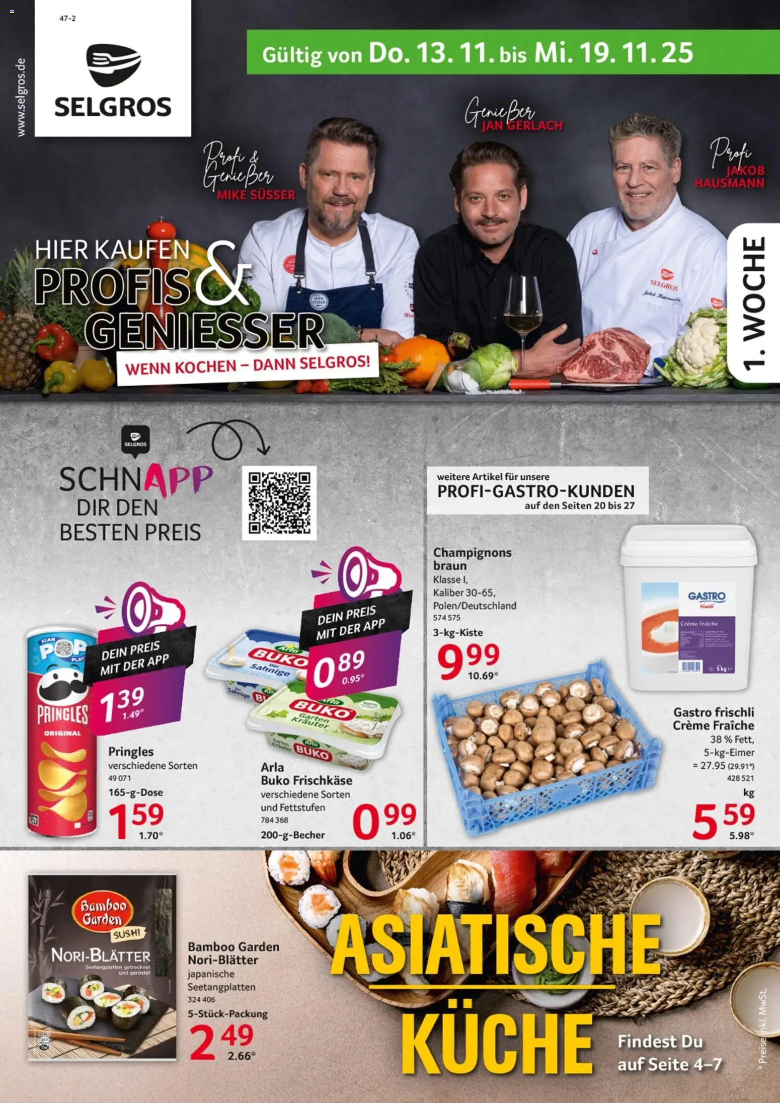Selgros Prospekt 	 – gültig ab 13.11.2025 | Seite: 1 | Produkte: Küche, Champignons, Pringles, Frischkase