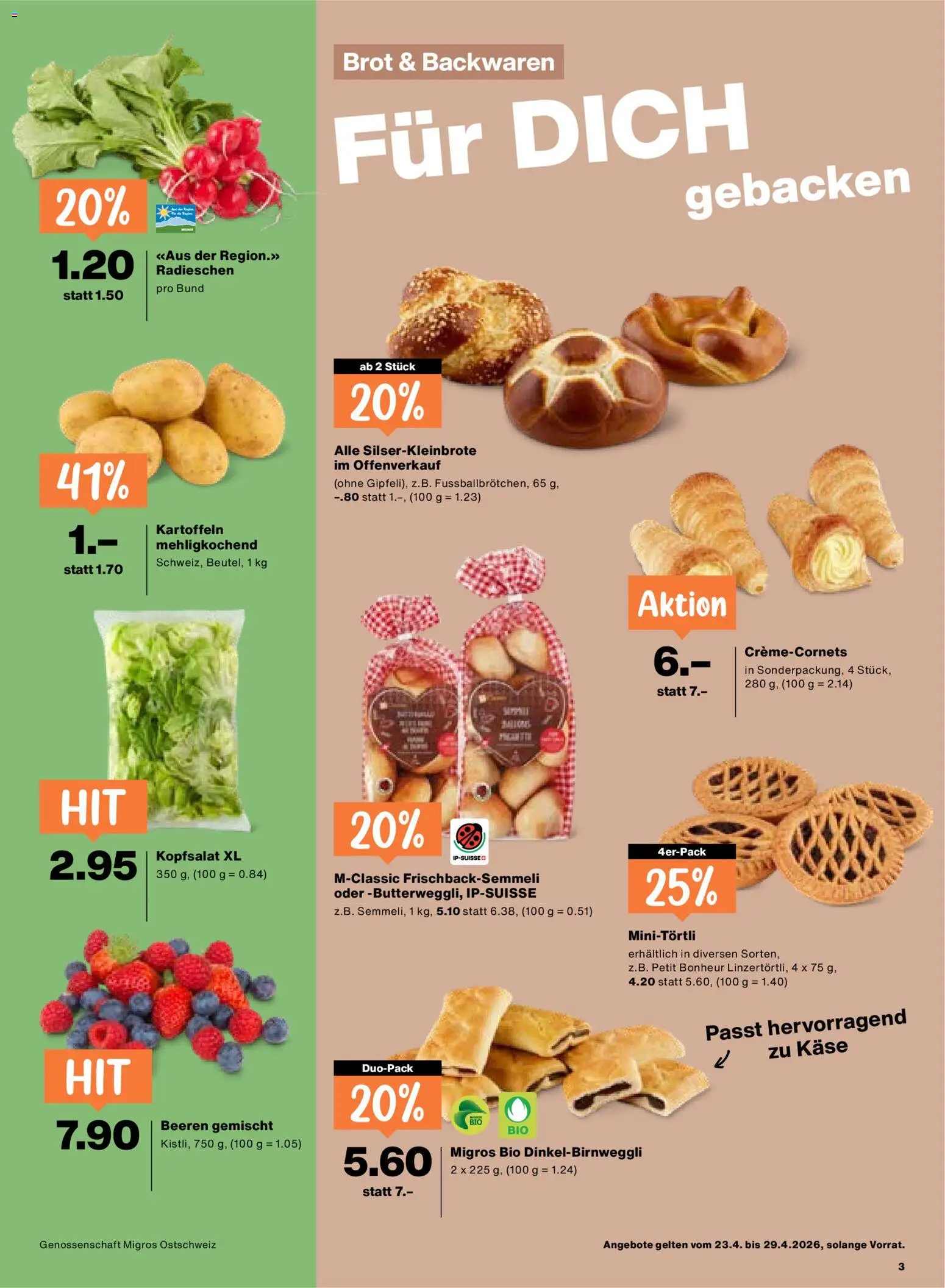 Migros aktionen – gültig ab 23.04.2026 | Seite: 3 | Produkte: Käse, Brot, Kartoffeln