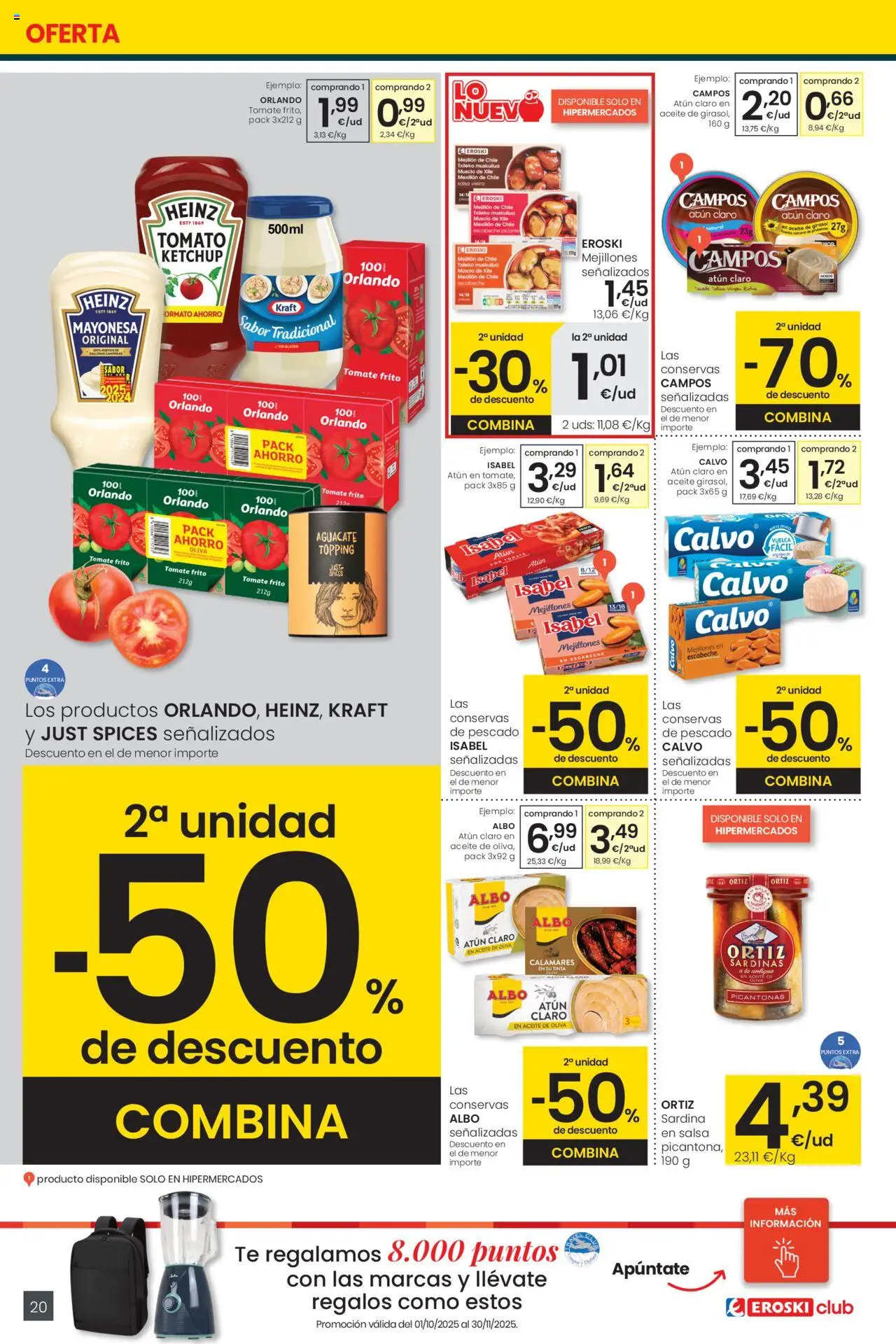 Eroski - Precio más bajo  │ válido desde el 16.10.2025 | Página: 20 | Productos: Calamares, Pescado, Aceite de oliva, Atún claro