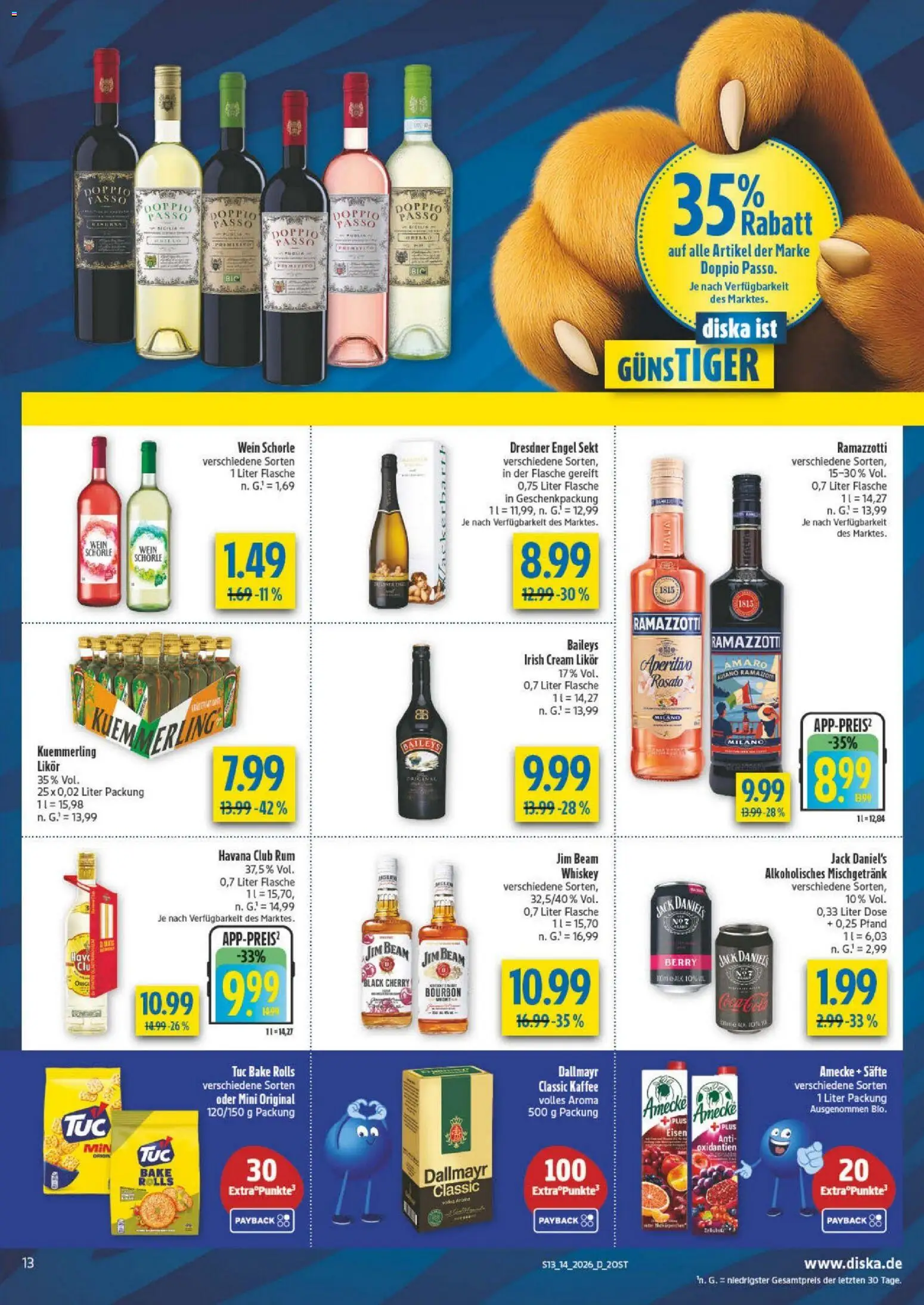 Diska - Diska Angebote Sachsen-Thüringen KW14 – gültig ab 30.03.2026 | Seite: 13 | Produkte: Havana club, Baileys, Whiskey, Ramazzotti