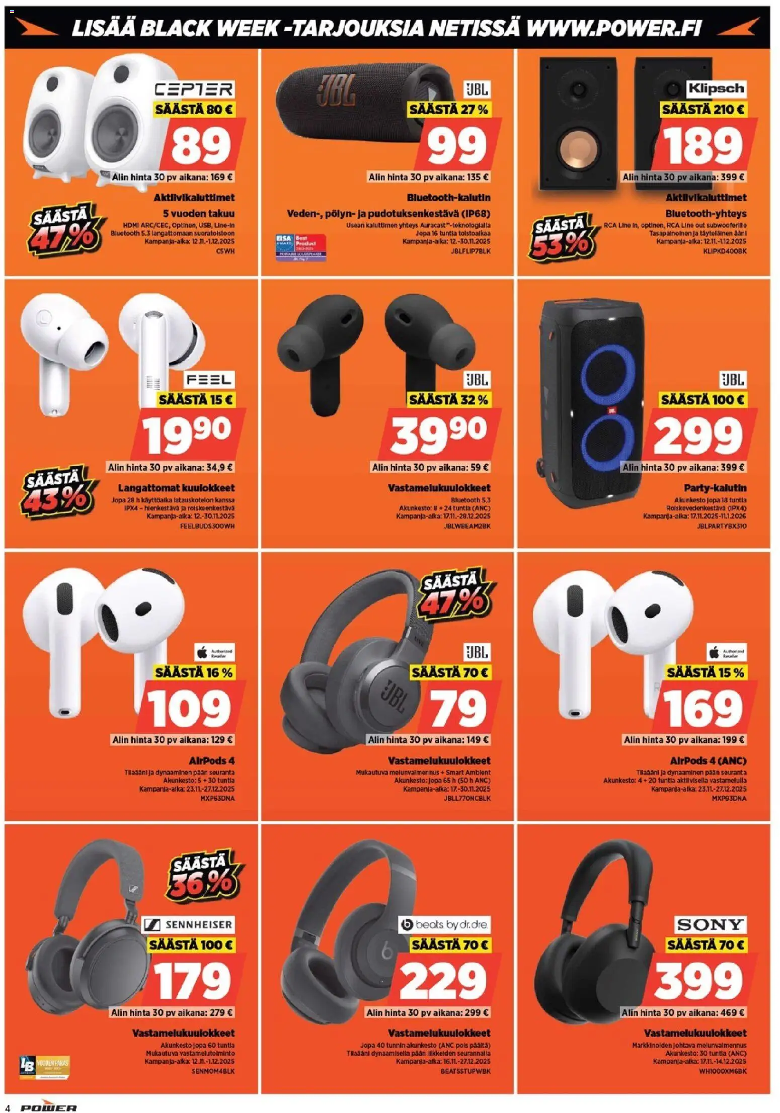 Power - Black Friday – voimassa 24.11.2025 alkaen | Sivu: 4 | Tuotteet: Vastamelukuulokkeet, Langattomat kuulokkeet, Kuulokkeet