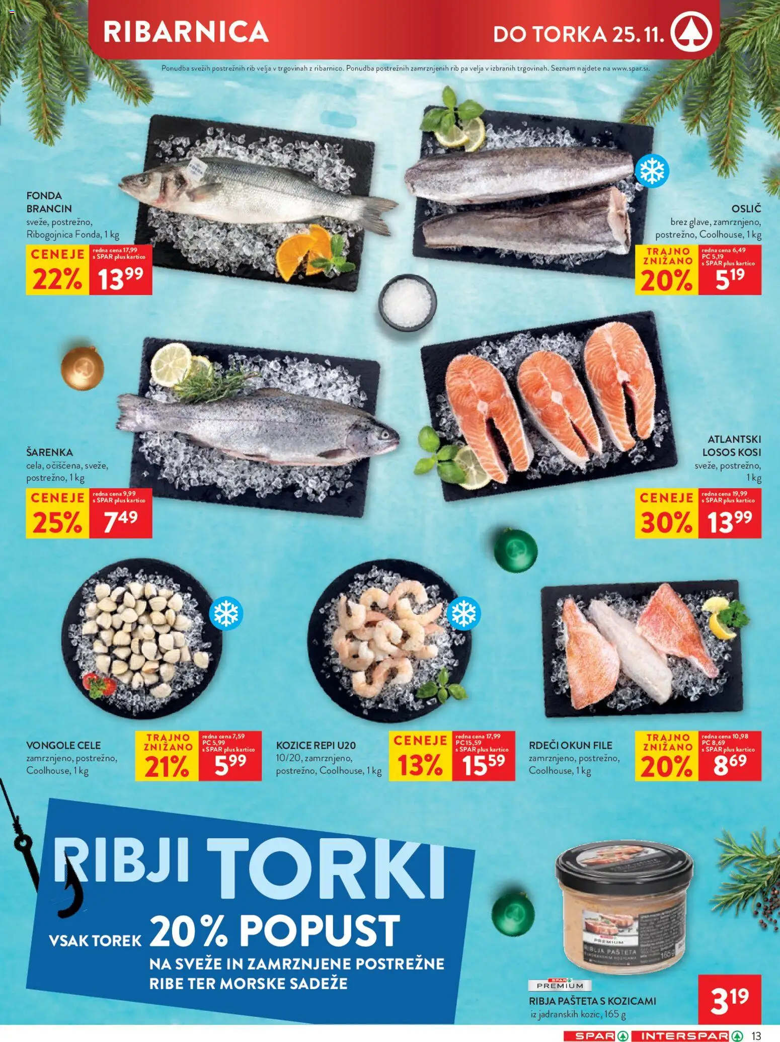 Novi Spar katalog ponudbe – veljaven od 19.11.2025 | Stran: 13 | Izdelki: Oslič, Kozice, Pašteta, Losos