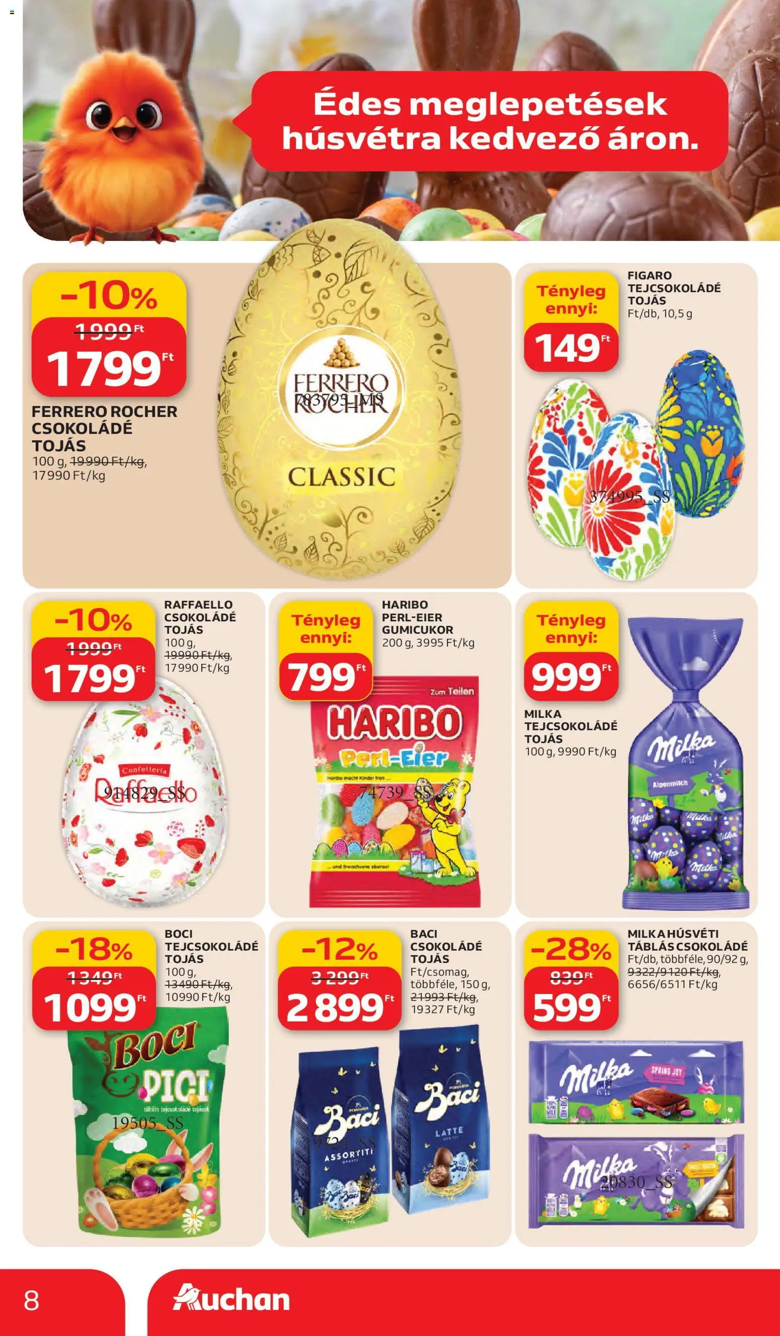 Auchan akciós ujság - amely érvényes a következő dátumtól: 05.03.2026 | Oldal: 8 | Termékek: Raffaello, Gumicukor, Tojás, Csokoládé