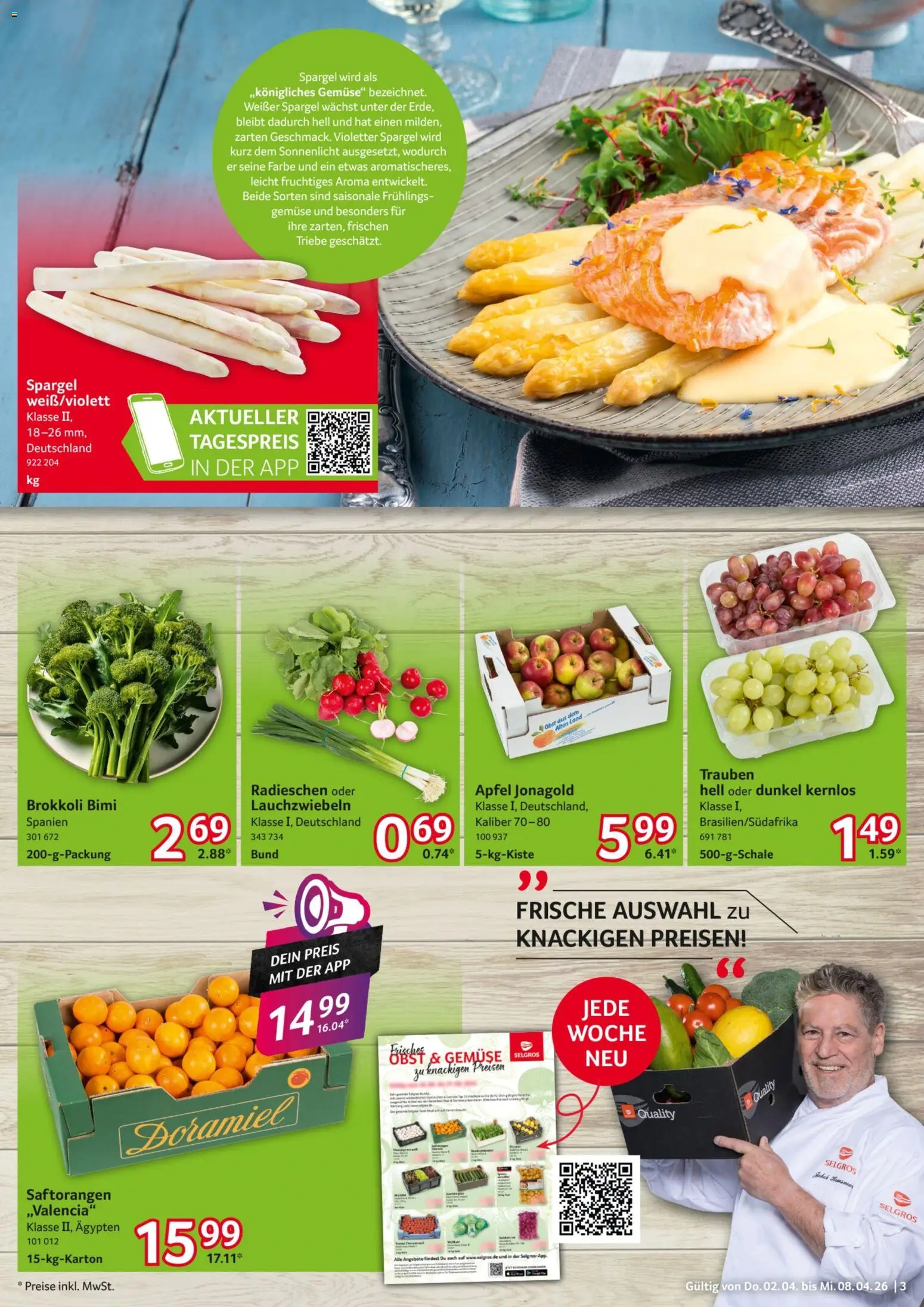 Selgros Prospekt 	 – gültig ab 02.04.2026 | Seite: 3 | Produkte: Trauben, Spargel, Obst, Brokkoli