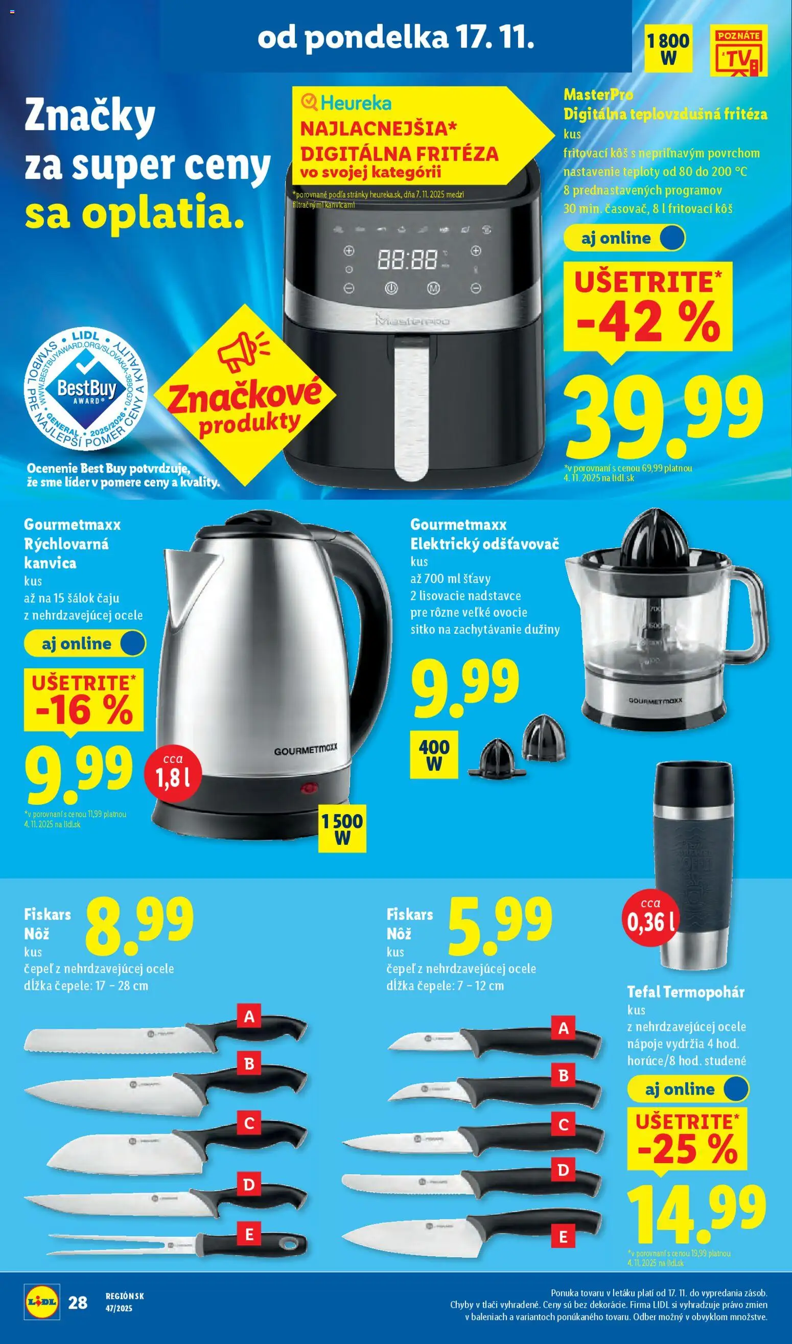 Nové Lidl akcie – leták je platný od 20.11.2025 | Strana: 82 | Produkty: Fritéza, Teplovzdušná frítéza, Odšťavovač, Rýchlovarná kanvica
