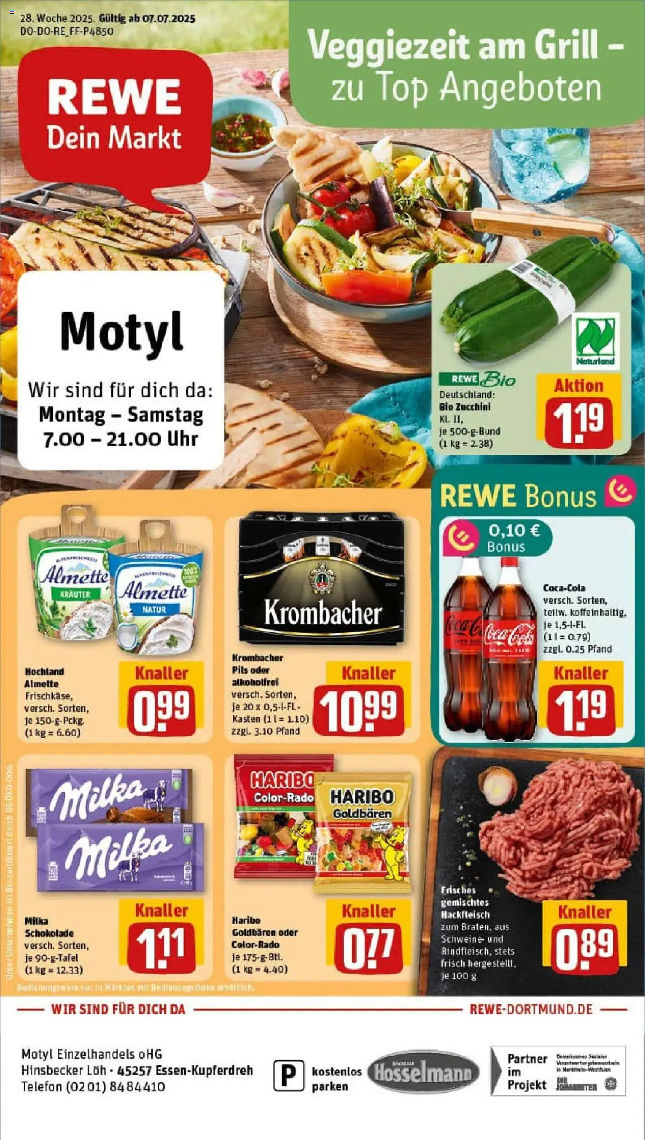 Rewe prospekt Essen	 - gültig ab dem 06.07.2025 | Seite: 1 | Produkte: Grill, Cola, Milka, Telefon