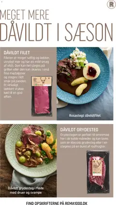 Dåvildt grydesteg i fløde med druer og svampe, Venison stew in cream with grapes and mushrooms. gyldig fra 01.01.2026 | Side: 15 | Produkter: Svampe, Smør, Fløde, Søm