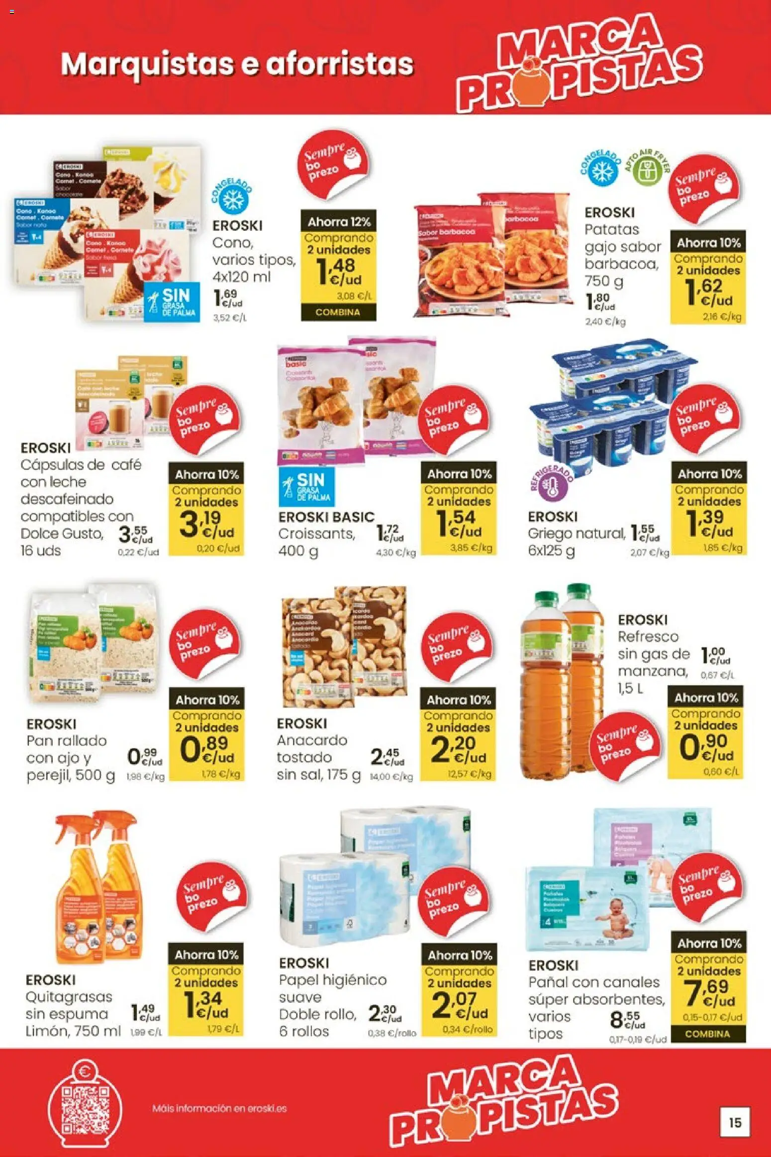 Eroski Quieres ahorrar conmigo │ válido desde el 16.04.2026 | Página: 15 | Productos: Leche, Pan, Café, Papel higienico