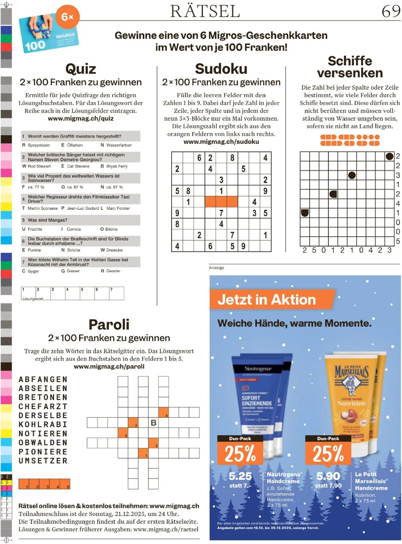 Migros Magazin – gültig ab 16.12.2025 | Seite: 69 | Produkte: Handcreme, Orangen, Früchte, Creme
