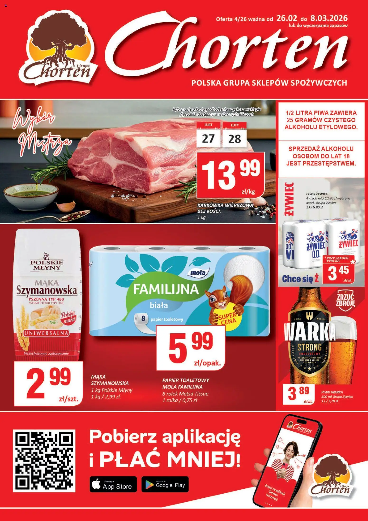 Chorten Gazetka od 26.02.2026 | Strona: 1 | Produkty: Papier toaletowy, Warka, Piwo Warka, Piwo