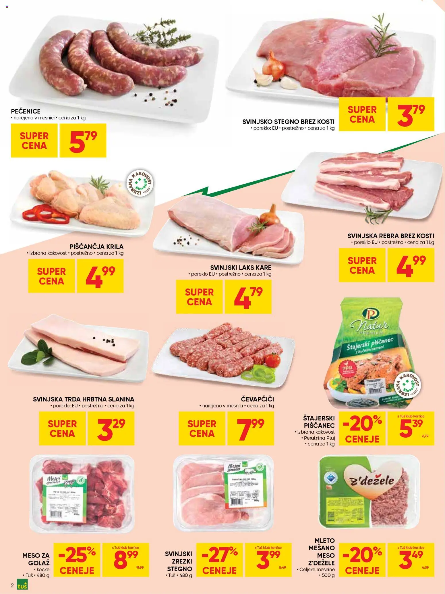 Novi Tuš katalog ponudbe – veljaven od 14.01.2026 | Stran: 2 | Izdelki: Čevapčiči, Piščančja krila, Slanina, Zrezki