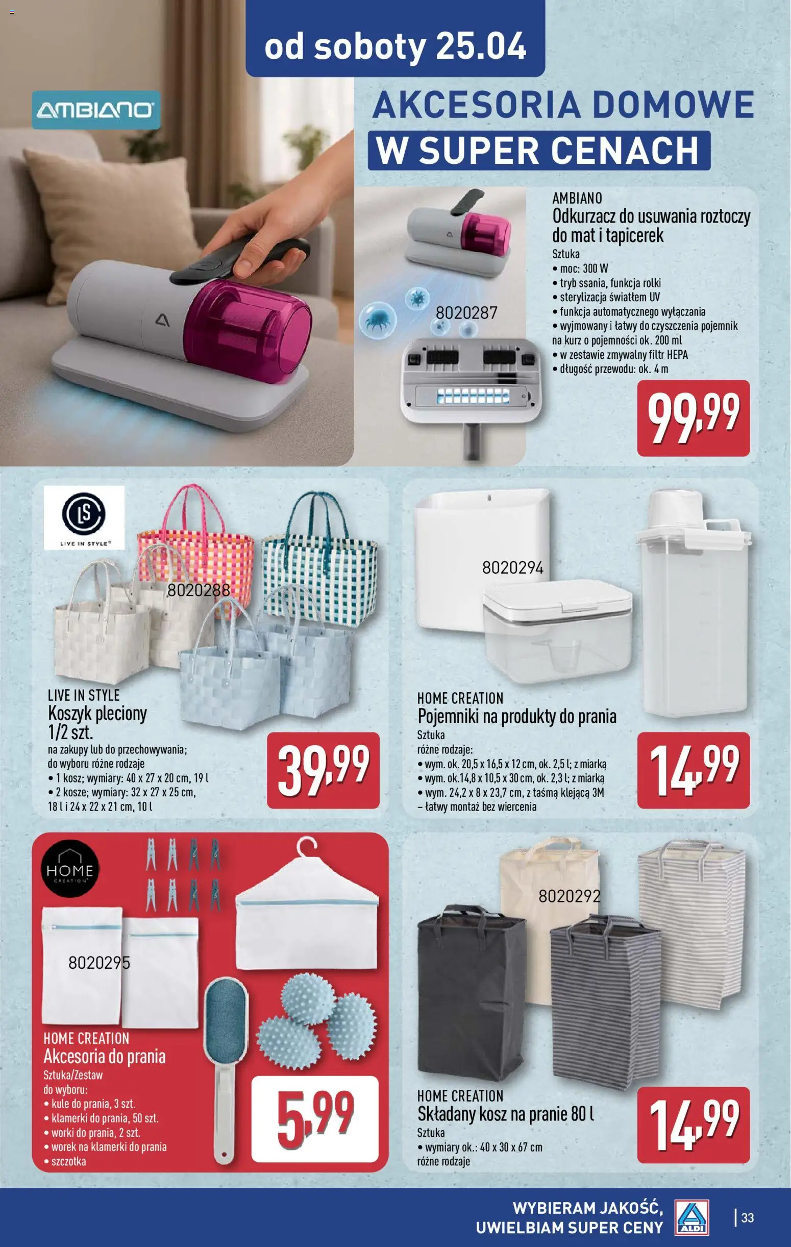 Aldi gazetka od 20.04.2026 | Strona: 33 | Produkty: Odkurzacz, Kosz, Szczotka, Kosz na pranie