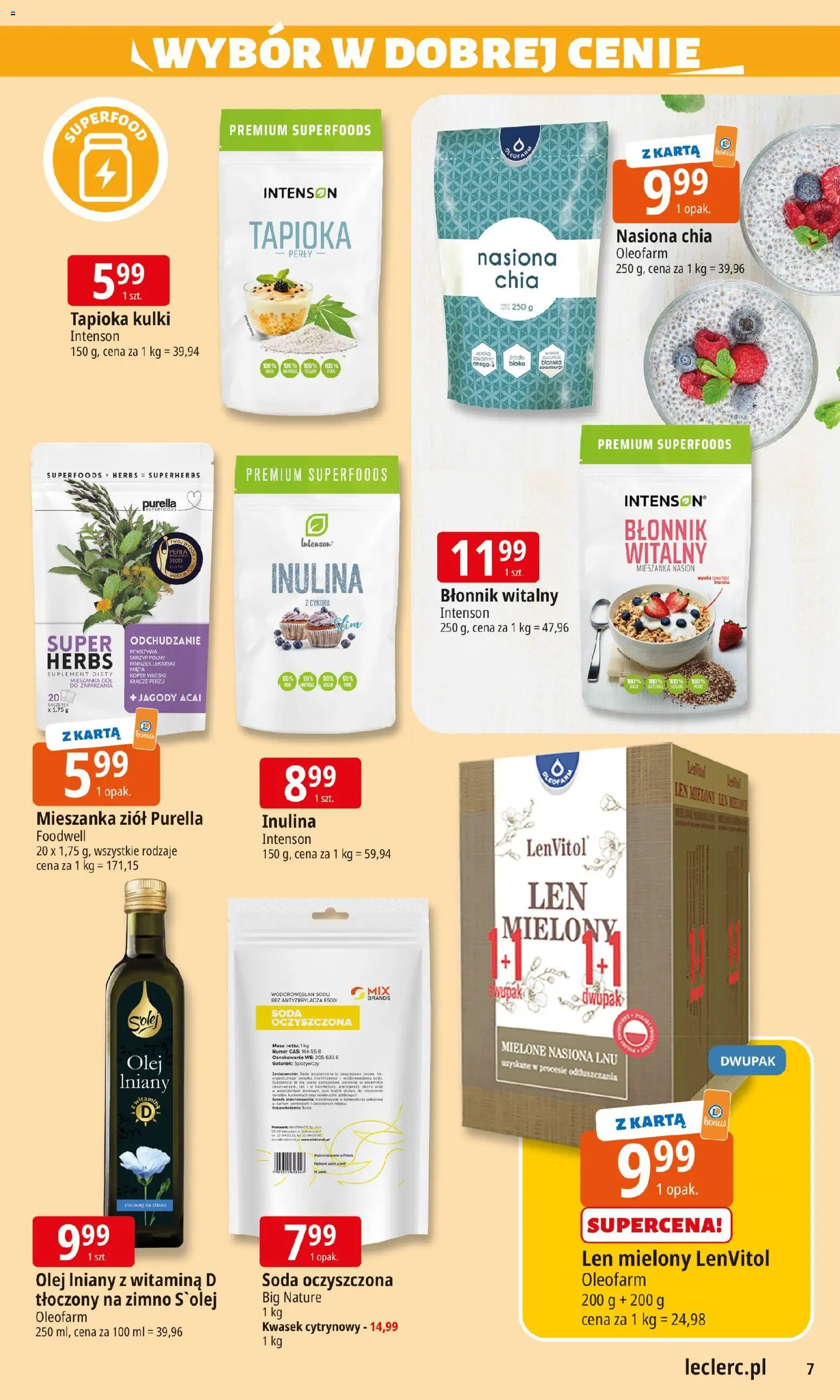 E.Leclerc Gazetka - Elbląg od 28.10.2025 | Strona: 7 | Produkty: Jagody acai, Soda oczyszczona, Mięta, Nasiona chia