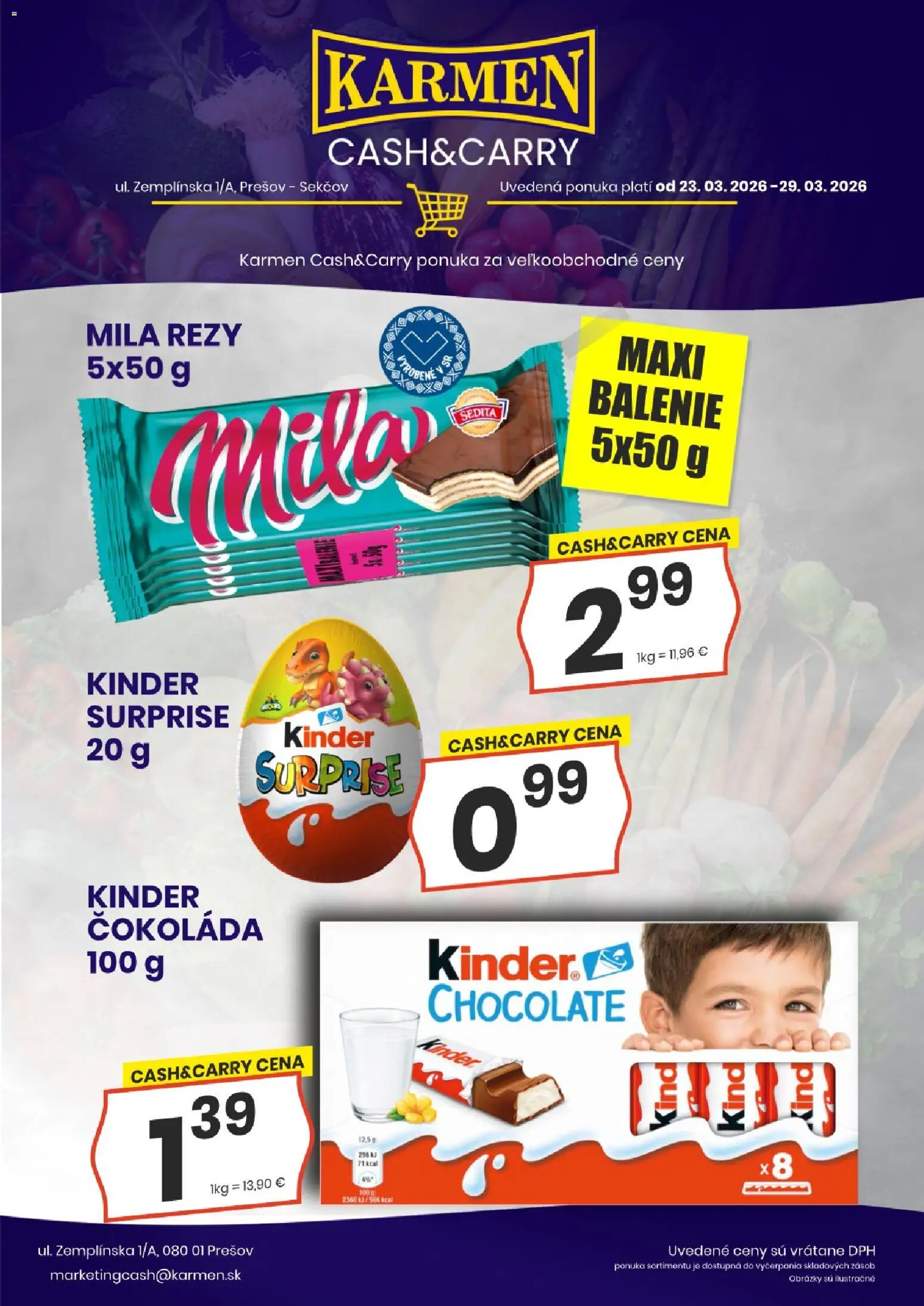 Nové KARMEN CBA akcie – leták je platný od 23.03.2026 | Strana: 8 | Produkty: Kinder, Kinder Surprise, Čokoláda, Mila