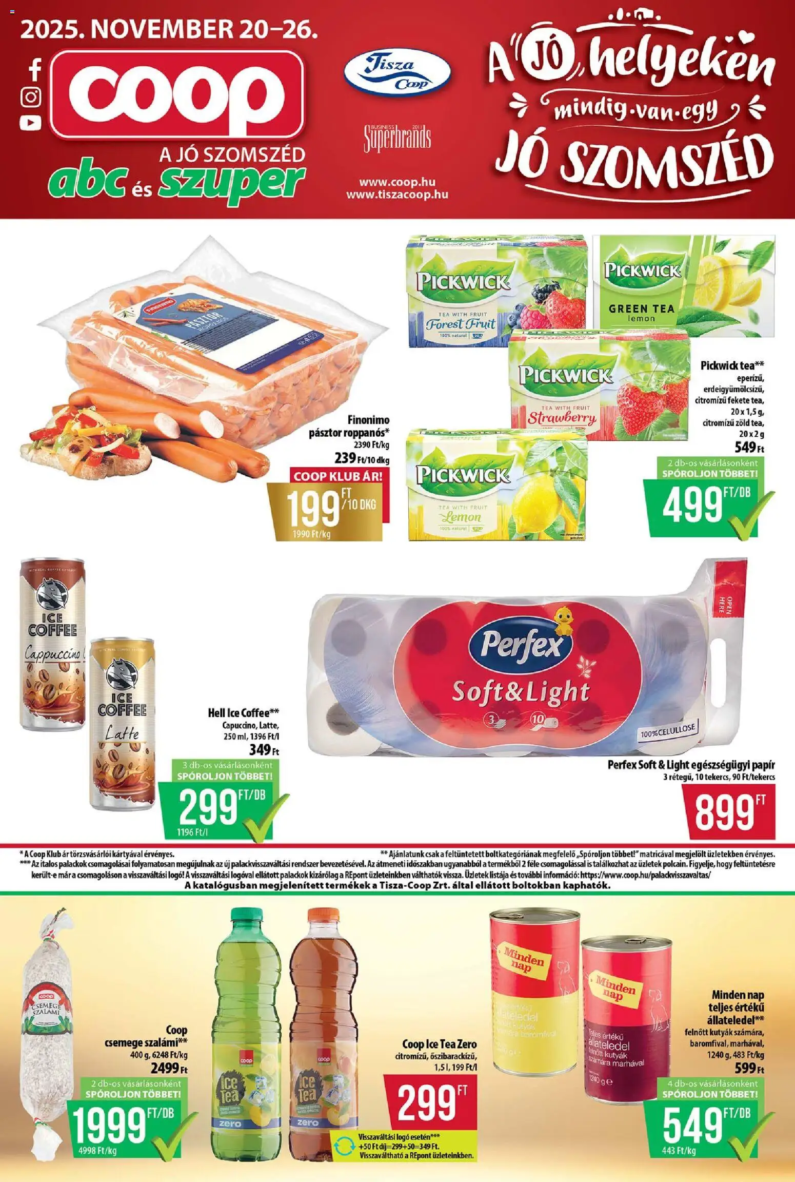 COOP akciós ujság - amely érvényes a következő dátumtól: 20.11.2025 | Oldal: 1 | Termékek: Cappuccino, Ice tea, Szalámi, Tea