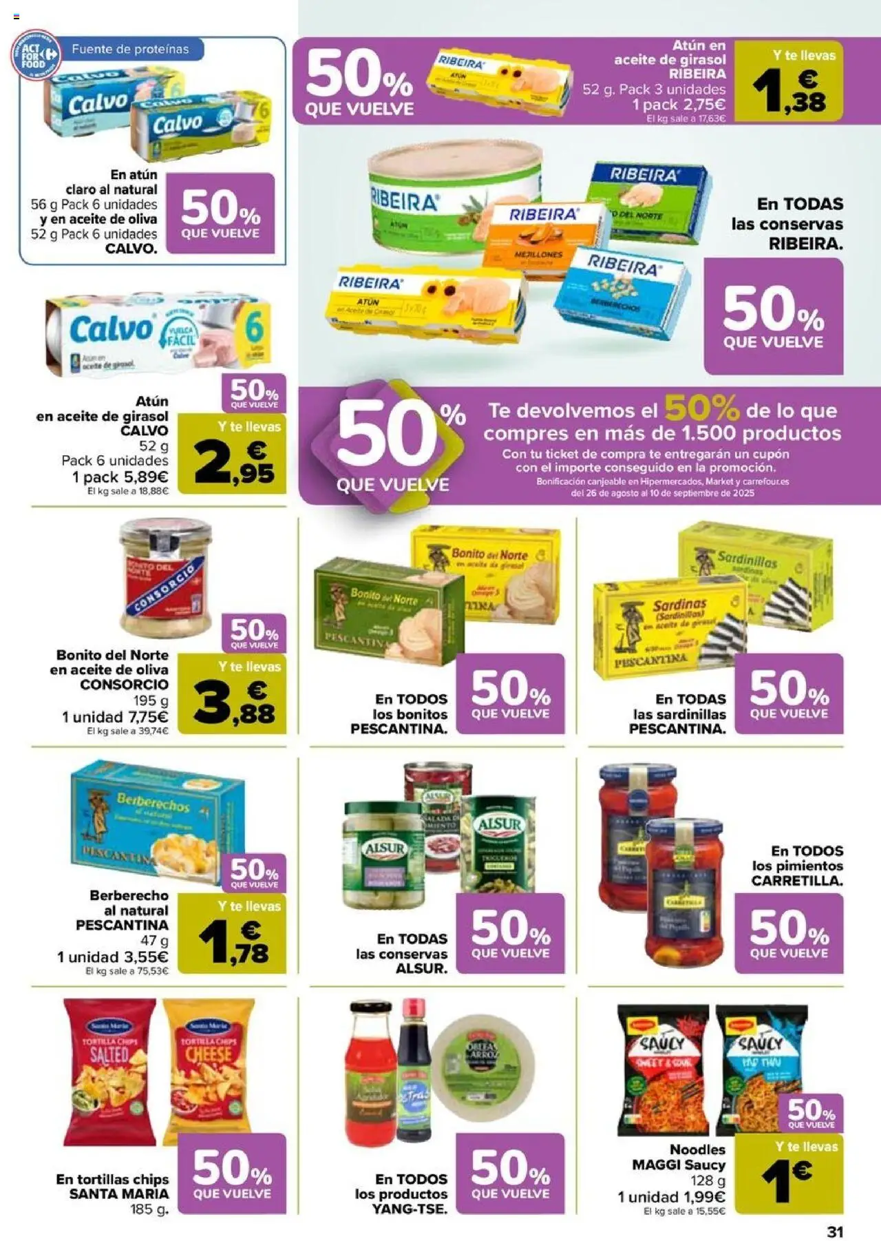 Carrefour folleto │ válido desde el 08.08.2025 | Página: 31 | Productos: Berberechos, Sardinillas, Aceite, Aceite de girasol