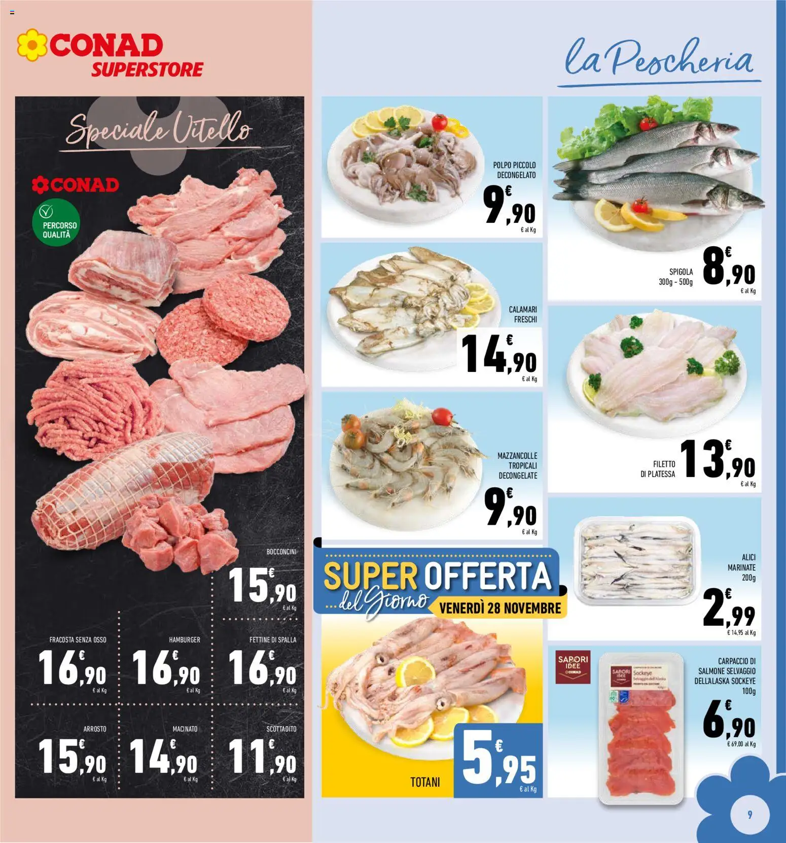 Volantino Conad del 19.11.2025 | Pagina: 9 | Prodotti: Salmone, Mazzancolle, Calamari, Alici
