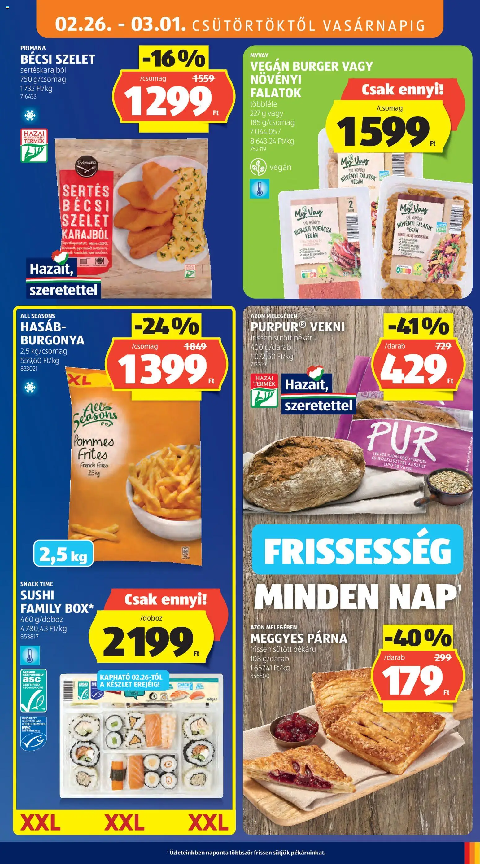 Aldi akciós ujság - amely érvényes a következő dátumtól: 26.02.2026 | Oldal: 9 | Termékek: Párna, Sushi, Vegán, Pogácsa