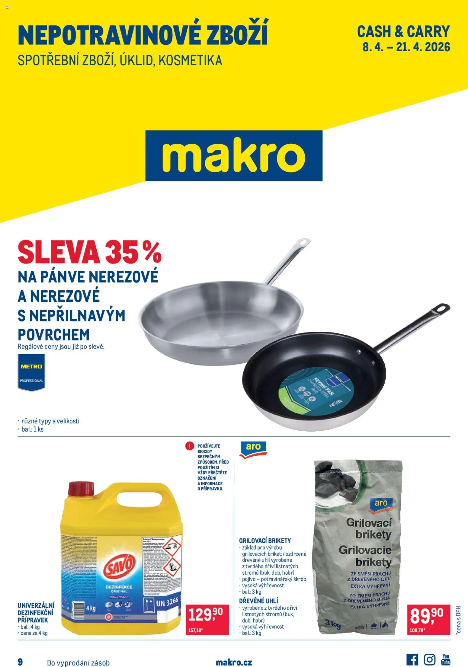 Makro leták - Nepotravinové zboží od 08.04.2026 | Strana: 1 | Produkty: Dřevěné uhlí, Savo, Škrob, Brikety