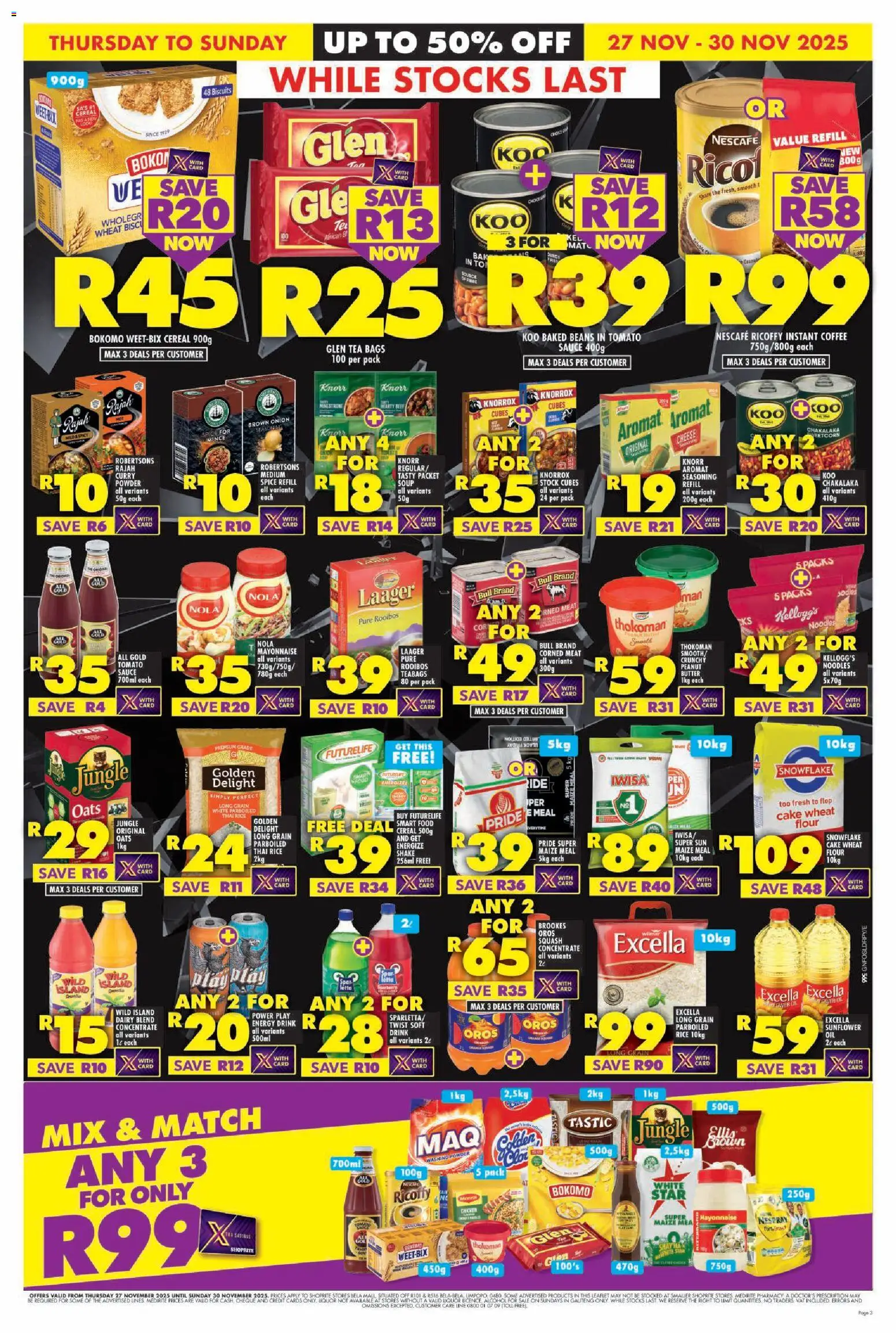 New Shoprite catalogue – valid from 27.11.2025 | Page: 3 | Products: Maize meal, Noodles, Mayonnaise, Estuche organizador de viaje