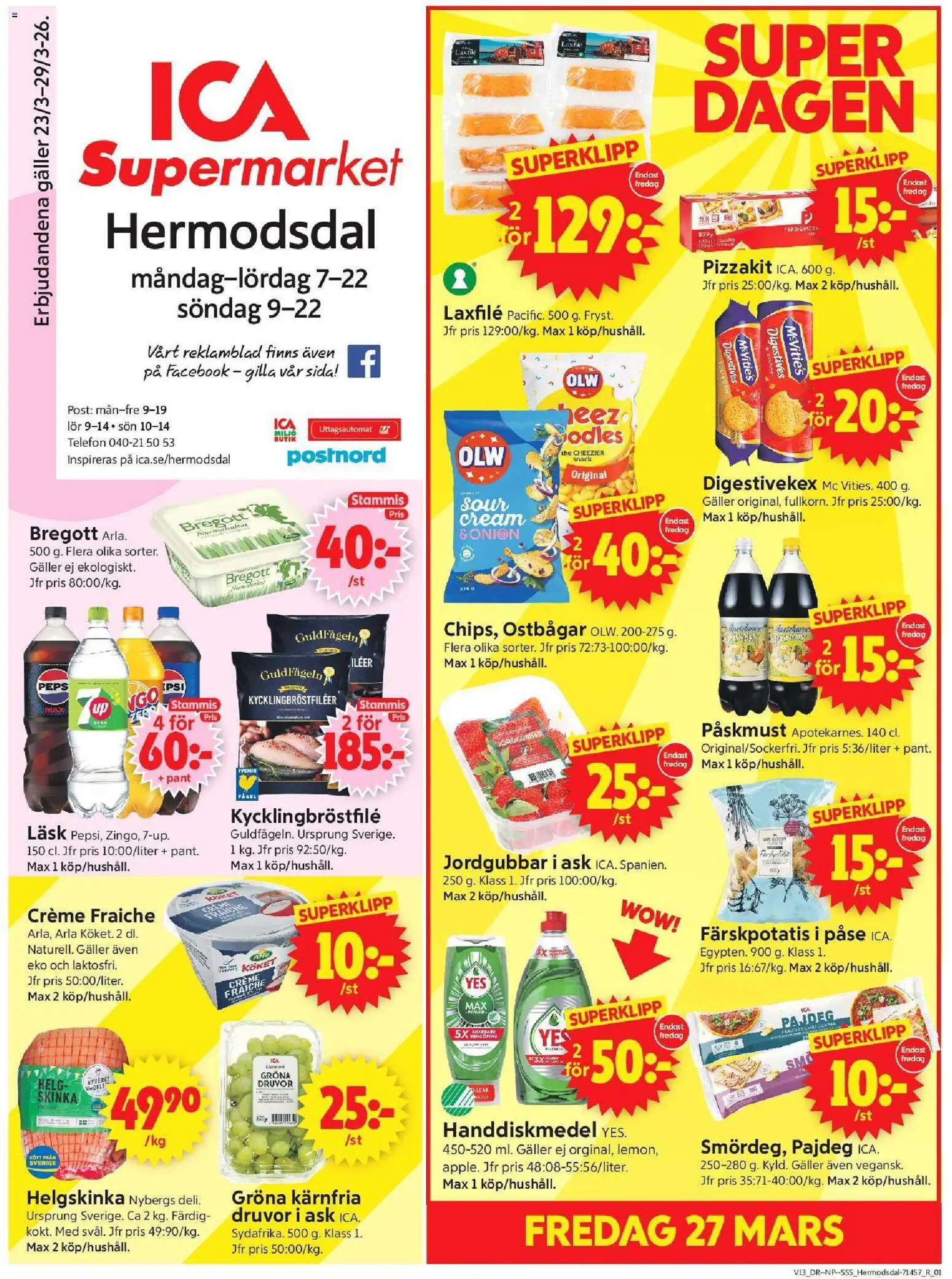 ICA Supermarket reklamblad aktuell från 23.03.2026 | Sida: 1 | Produkter: Bregott, Creme fraiche, Pizzakit, Telefon