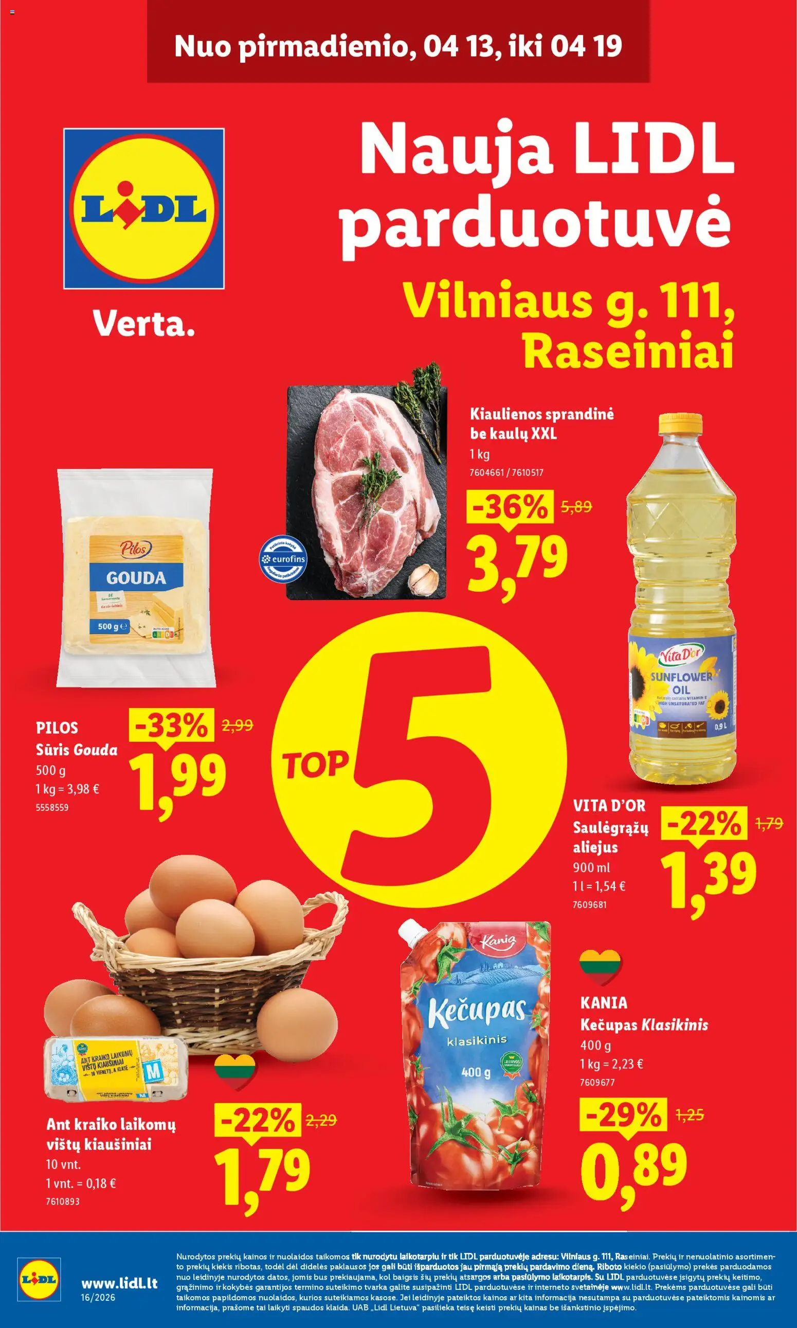 LIDL akcijos nuo 13.04.2026 | Puslapis: 1 | Prekių: Kiaulienos, Kiaušiniai, Sūris, Aliejus