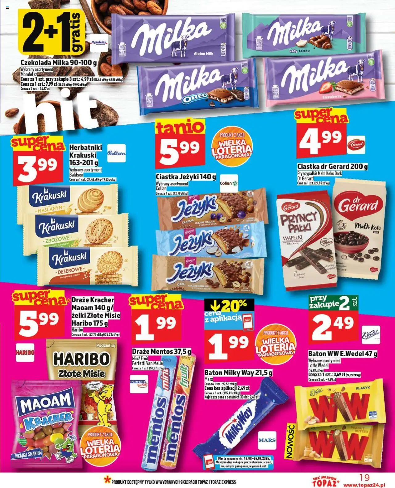 Topaz Gazetka od 18.09.2025 | Strona: 19 | Produkty: Milka, Baton, Żelki, Czekolada