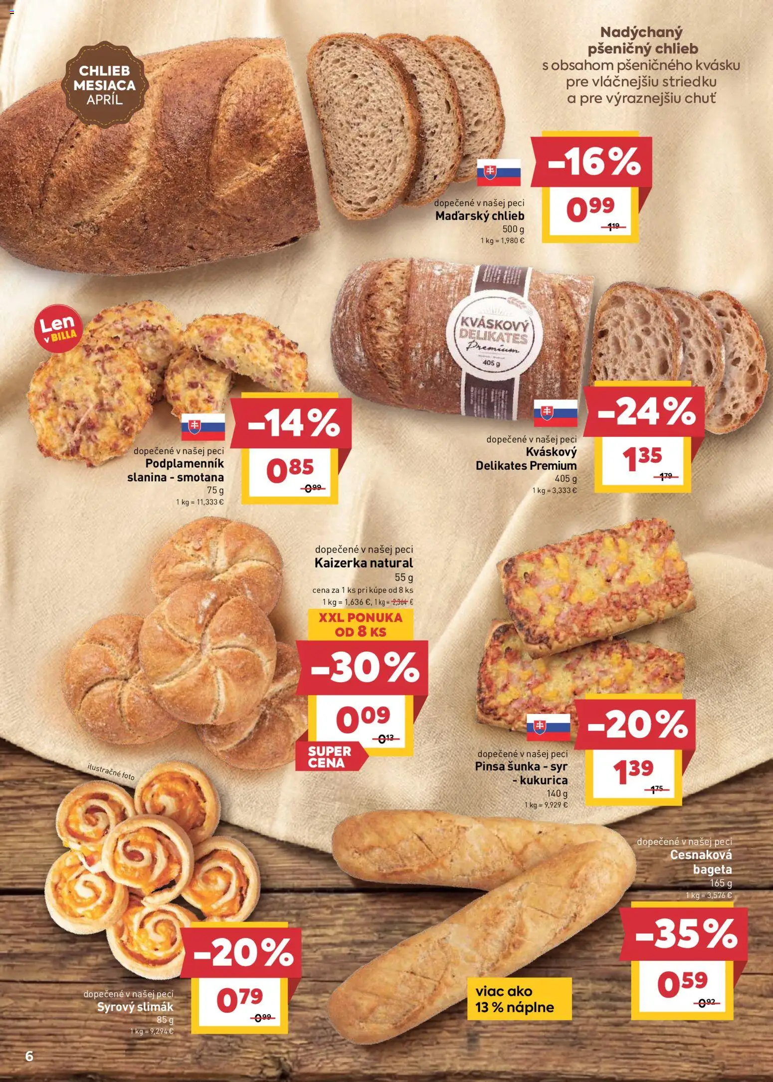 Nové Billa akcie – leták je platný od 15.04.2026 | Strana: 6 | Produkty: Chlieb, Šunka, Slanina, Kukurica