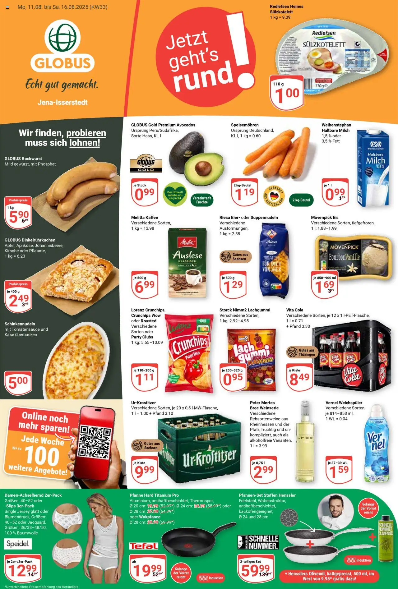Globus Prospekt 	 - gültig ab dem 11.08.2025 | Seite: 1 | Produkte: Bockwurst, Melitta kaffee, Movenpick eis, Weichspüler