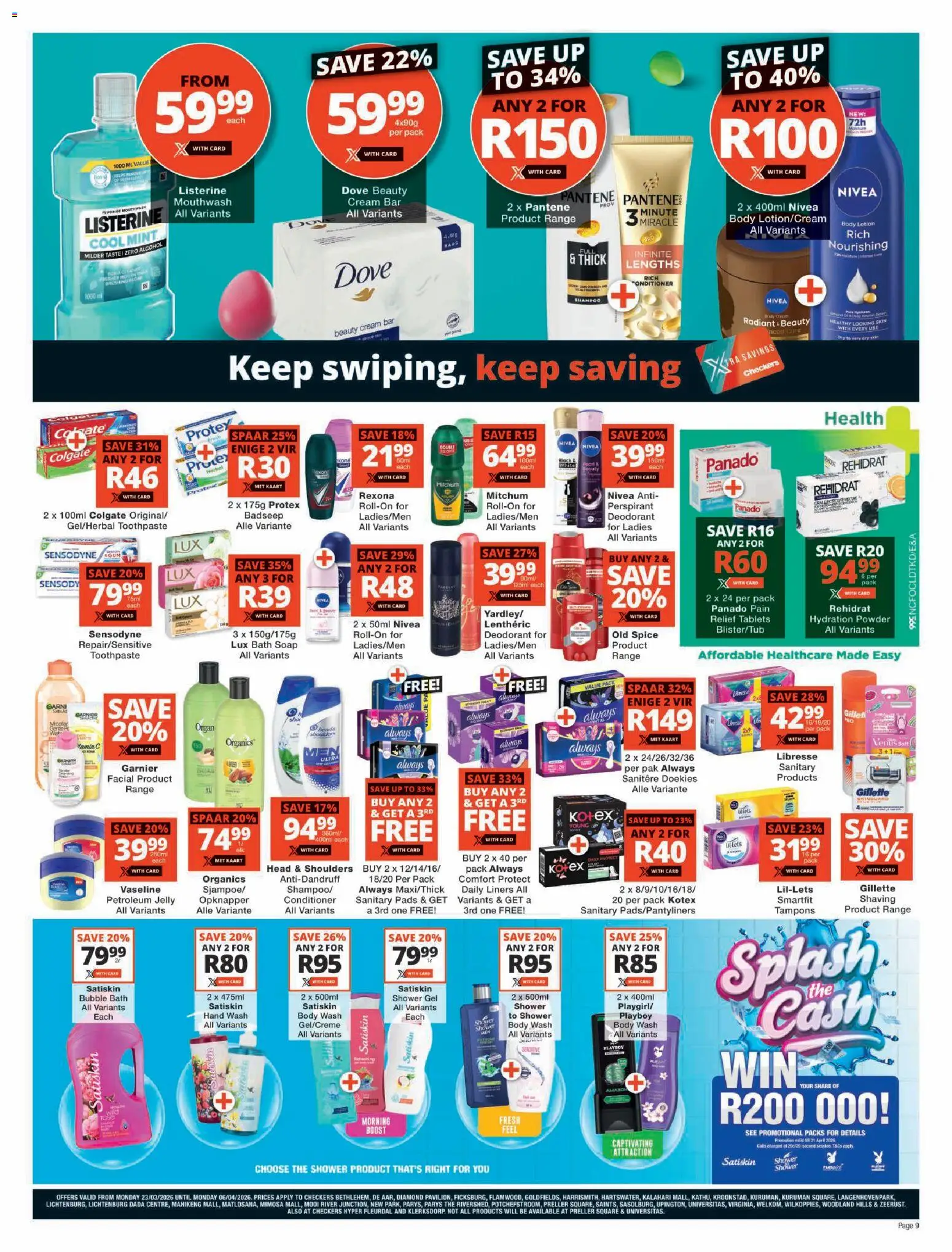 New Checkers catalogue – valid from 23.03.2026 | Page: 9 | Products: Pads, Powder, Shower gel, Deodorant