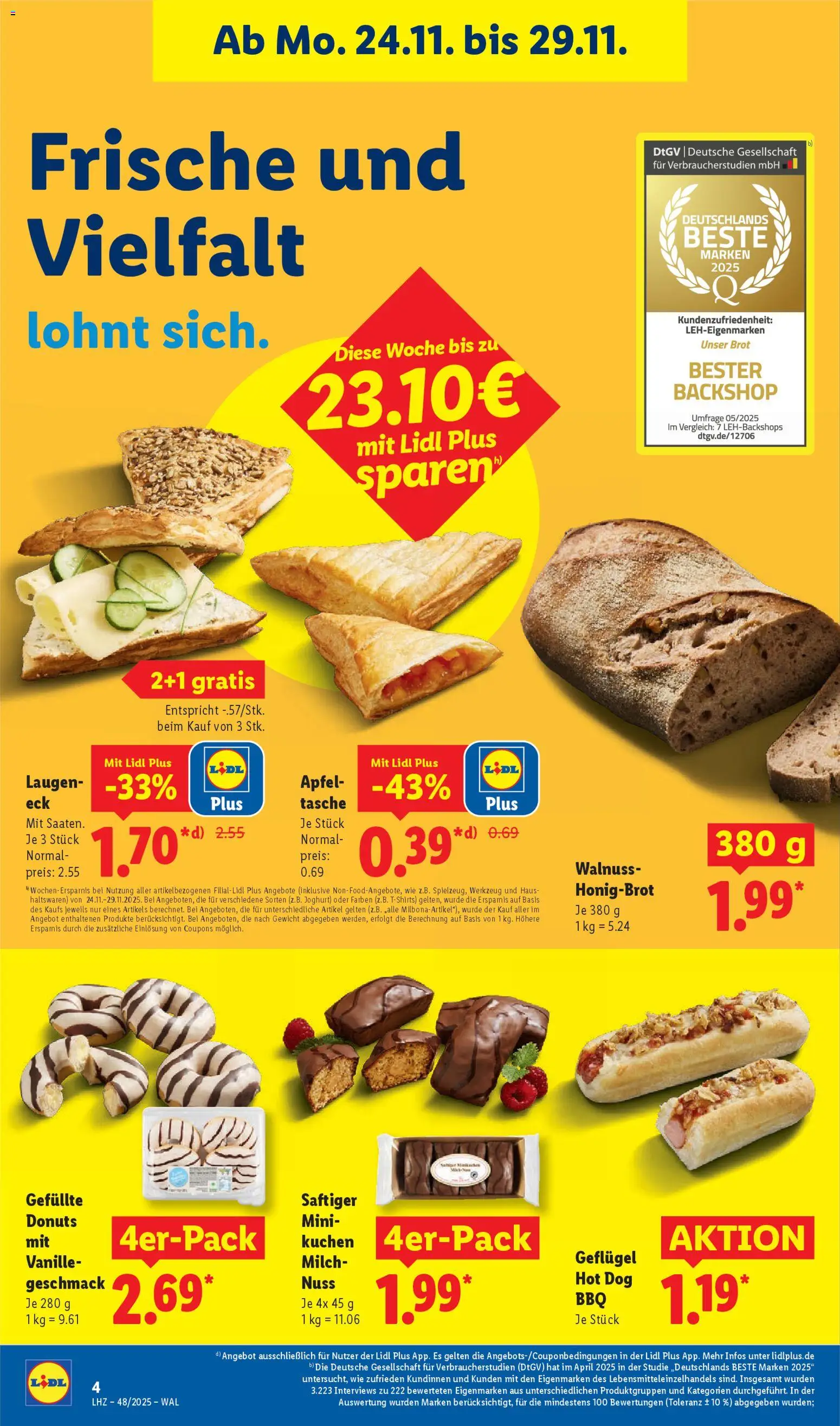 Lidl Prospekt Kornwestheim – gültig ab 24.11.2025 | Seite: 4 | Produkte: Tasche, Joghurt, Donuts, Kuchen