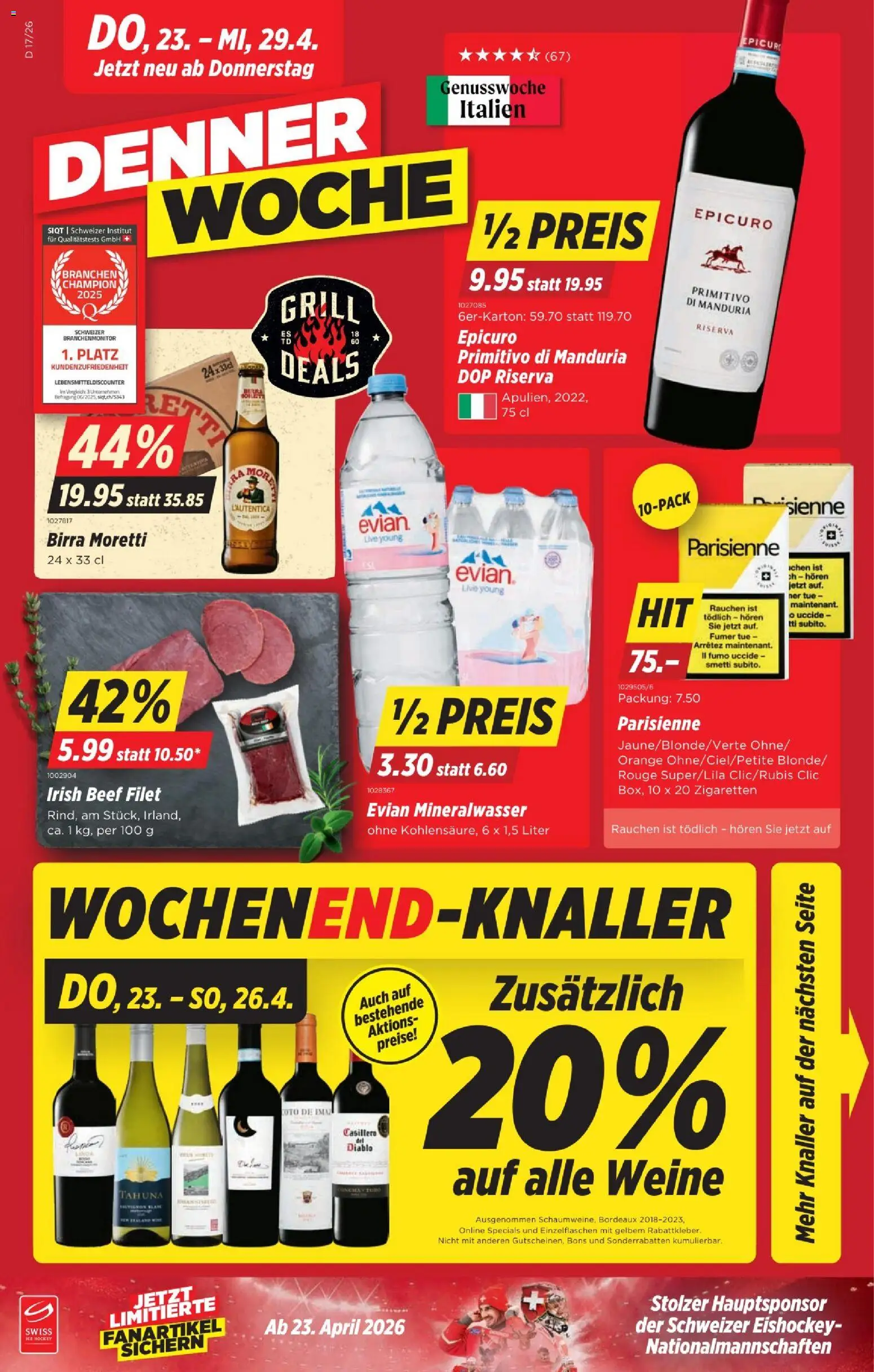 Denner aktionen – gültig ab 23.04.2026 | Seite: 1 | Produkte: Mineralwasser, Rouge, Grill