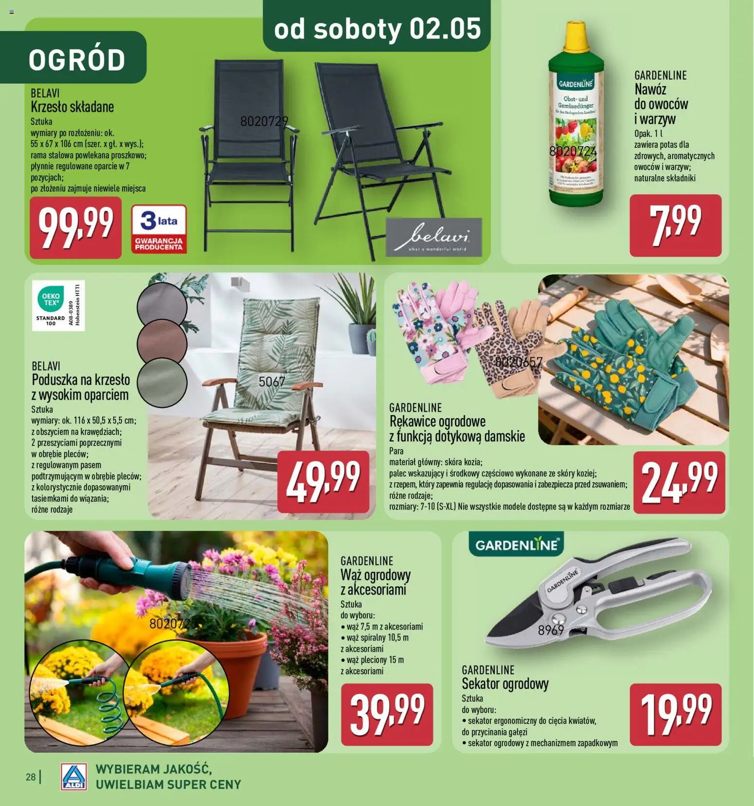 Aldi Gazetka - Katalog ogrodowy od 25.02.2026 | Strona: 28 | Produkty: Wąż ogrodowy, Sekator, Poduszka, Krzesło