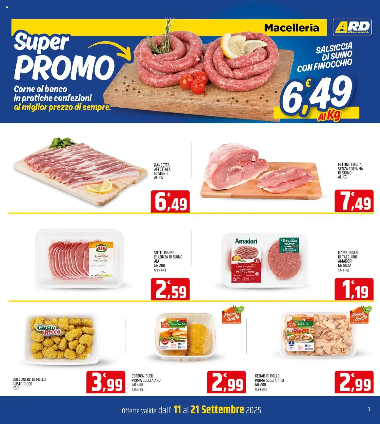 Volantino ARD Discount del 11.09.2025 | Pagina: 3 | Prodotti: Pollo, Pancetta, Salsiccia, Hamburger