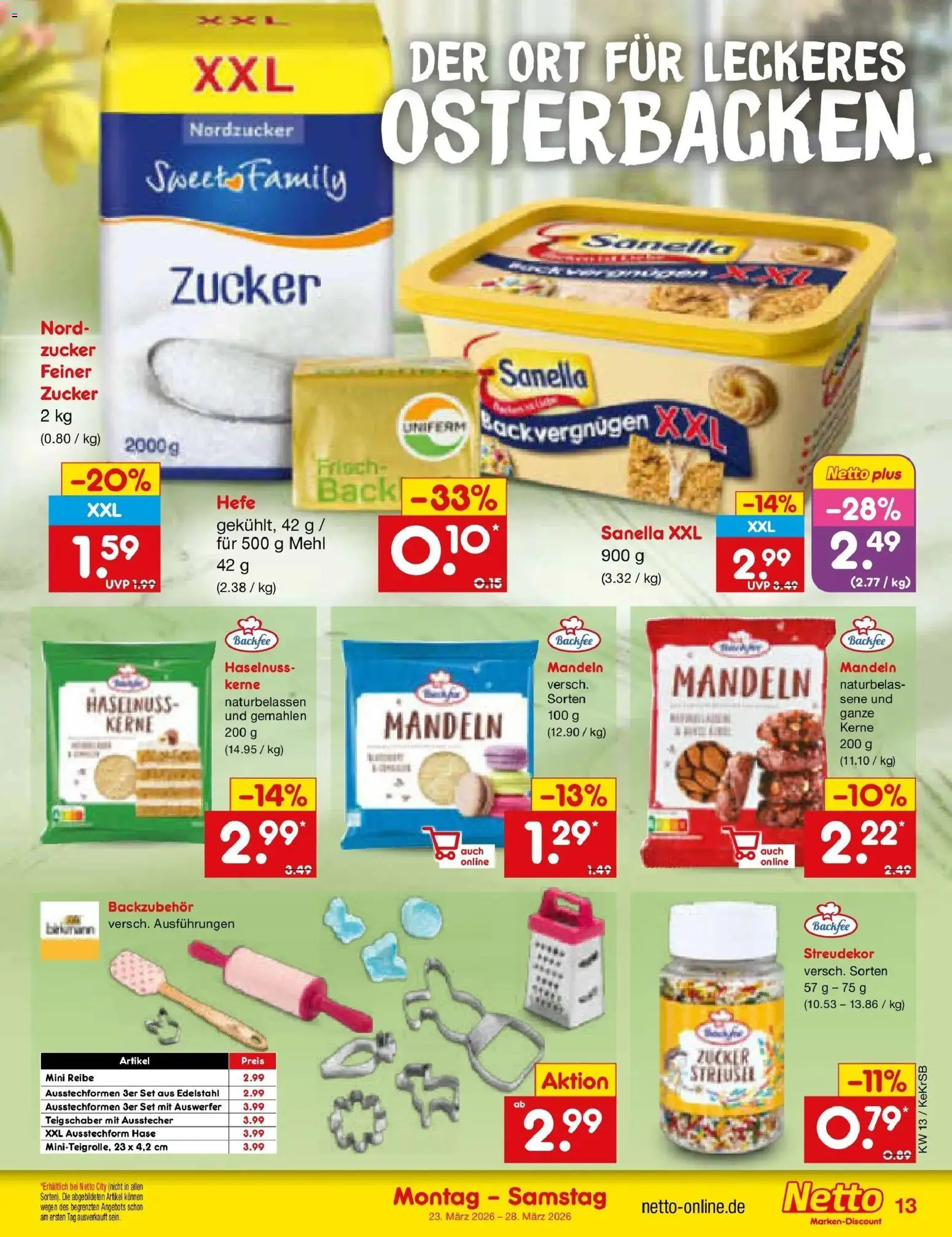 Netto Marken-Discount Prospekt Jüchen	 – gültig ab 23.03.2026 | Seite: 13 | Produkte: Mehl, Mandeln, Zucker, Sanella