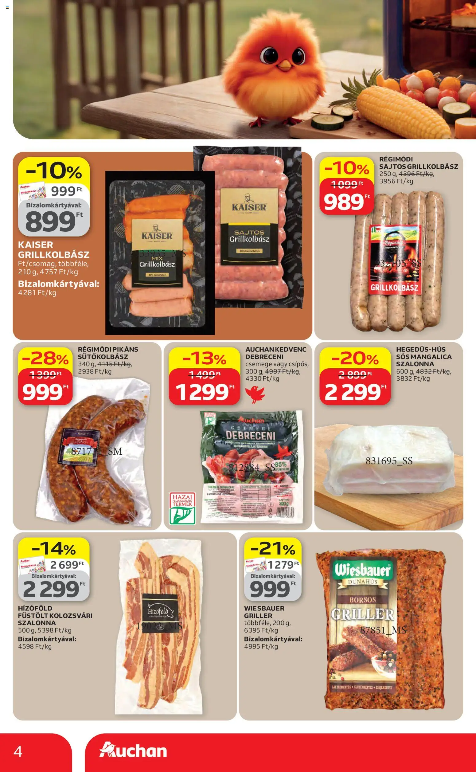 Auchan akciós ujság - amely érvényes a következő dátumtól: 16.04.2026 | Oldal: 4 | Termékek: Grillkolbász, Debreceni, Szalonna