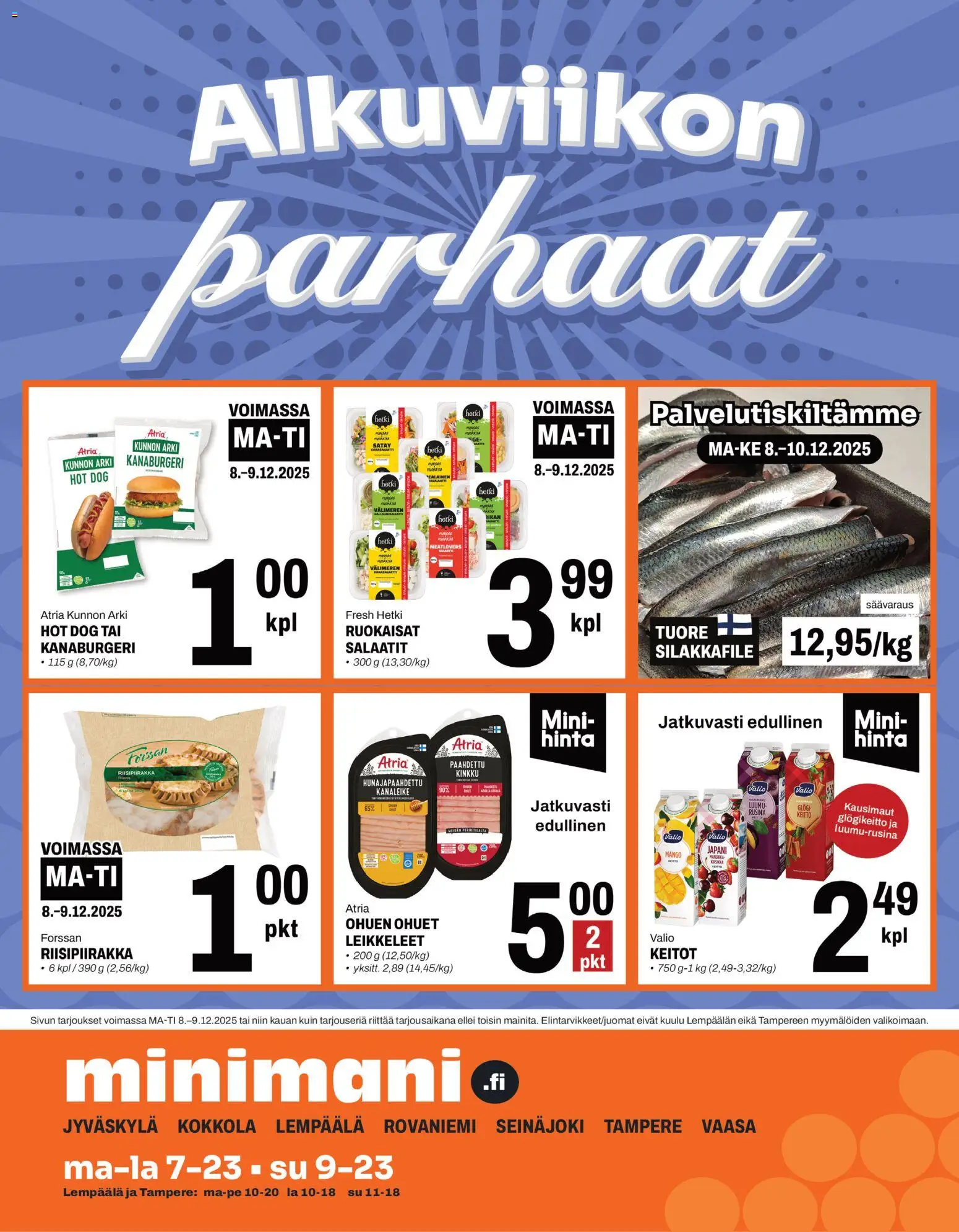 Minimani tarjoukset – voimassa 08.12.2025 alkaen | Sivu: 1 | Tuotteet: Luumu, Mango, Kinkku, Hot dog