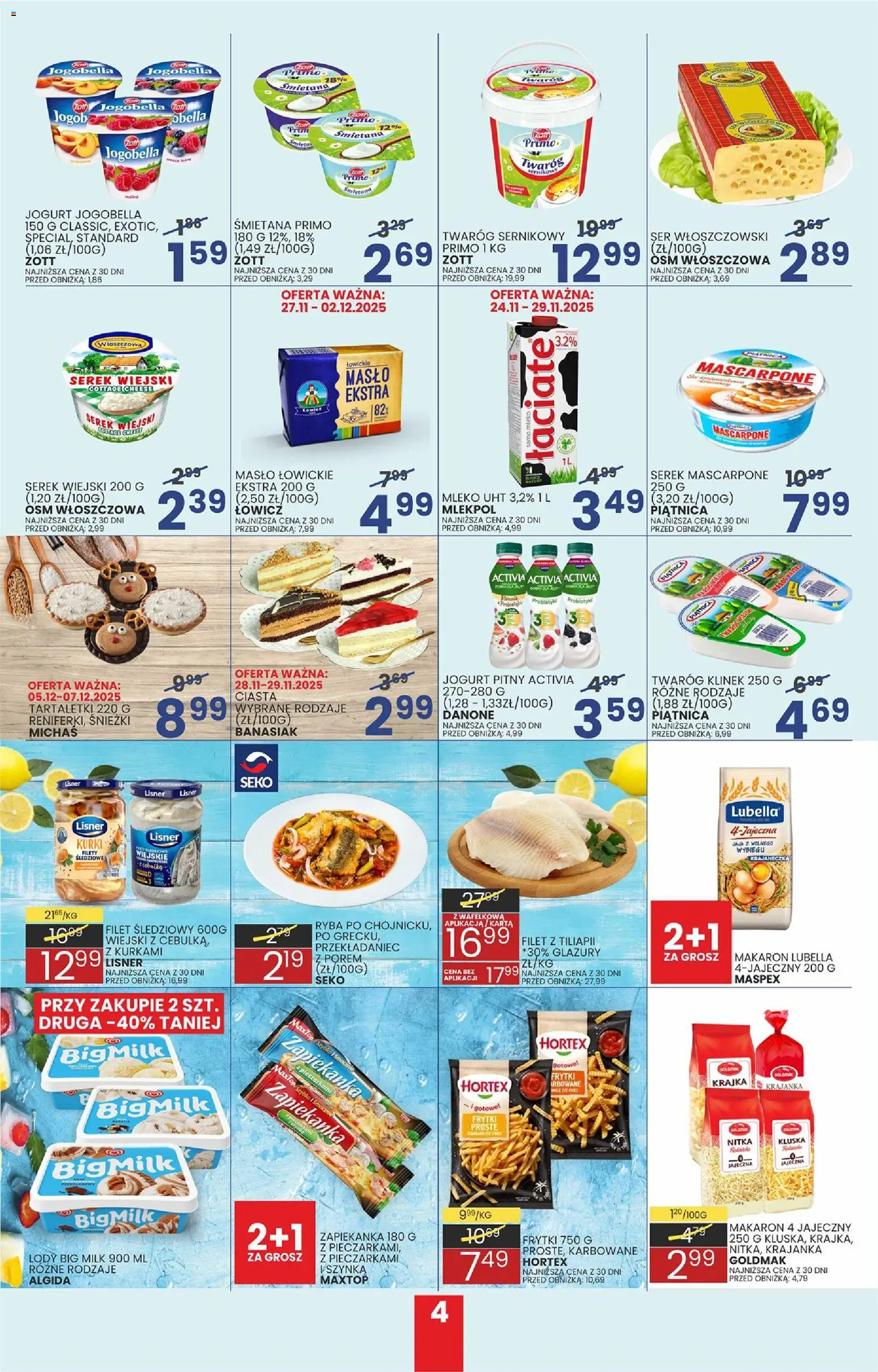 Wafelek Gazetka od 24.11.2025 | Strona: 4 | Produkty: Szynka, Mascarpone, Jogurt, Makaron