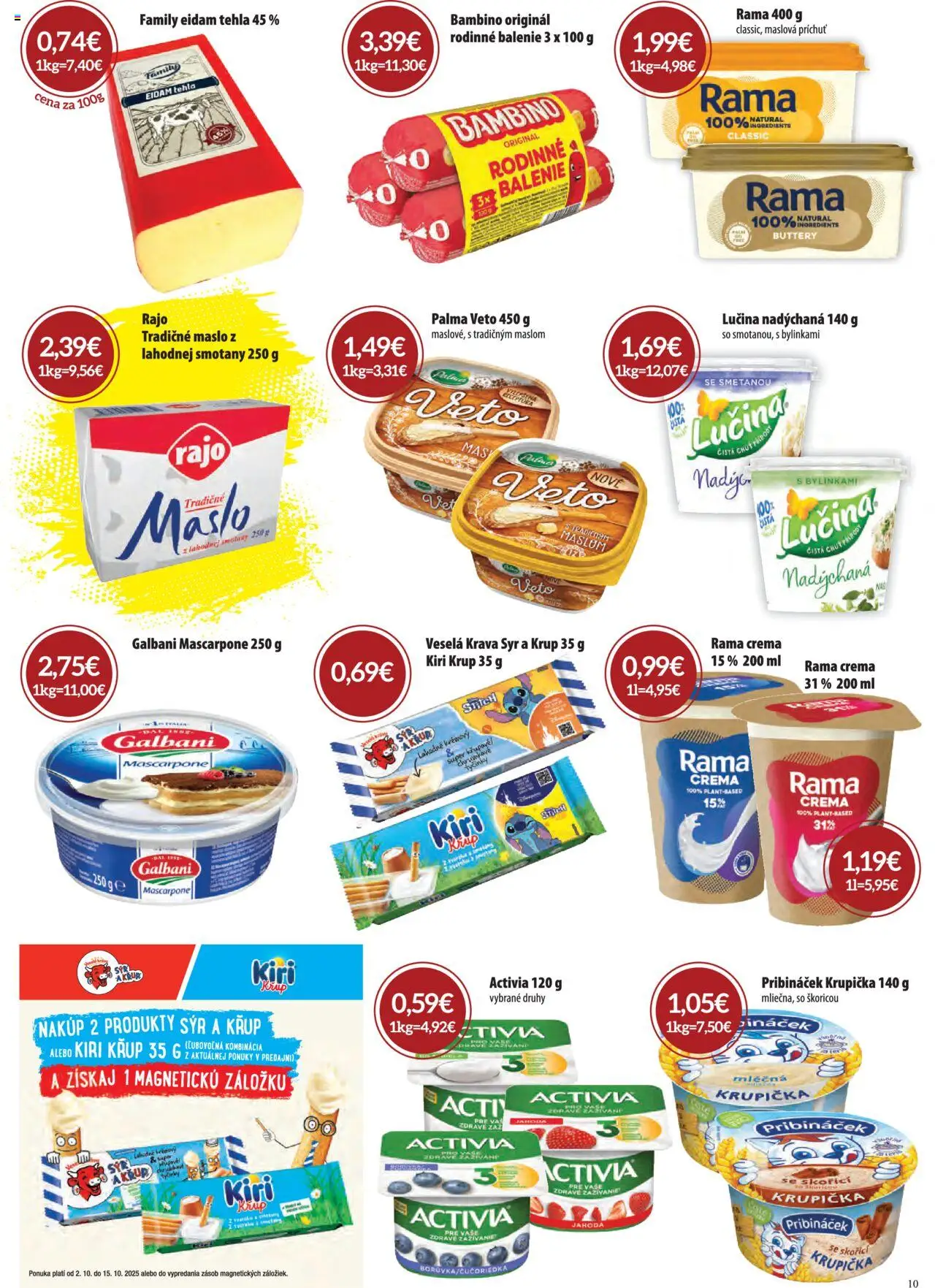Nové CBA Komfos akcie – leták je platný od 02.10.2025 | Strana: 10 | Produkty: Maslo, Eidam, Rama, Mascarpone