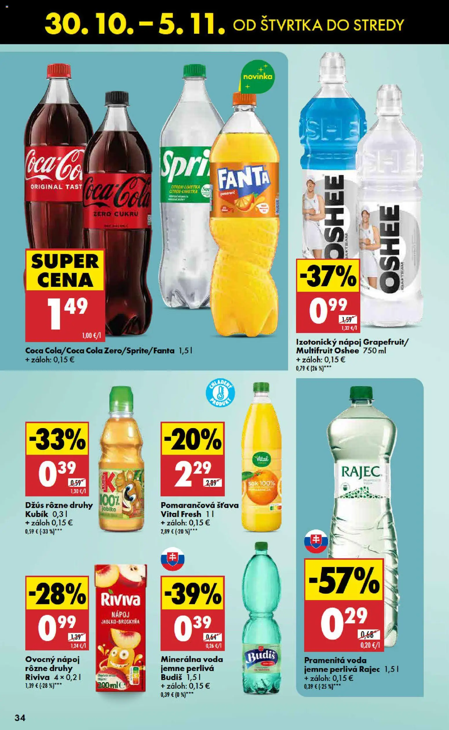 Nové Biedronka akcie – leták je platný od 30.10.2025 | Strana: 34 | Produkty: Džús, Voda, Minerálna voda, Cola