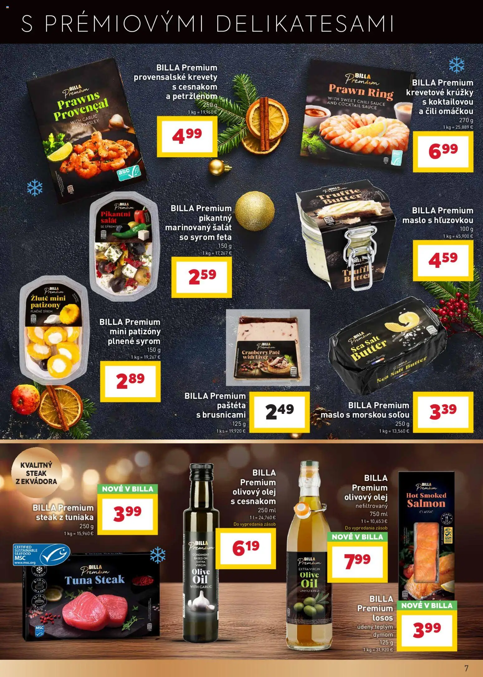 Nové Billa akcie – leták je platný od 10.12.2025 | Strana: 7 | Produkty: Vajcia, Olej, Krevety, Losos