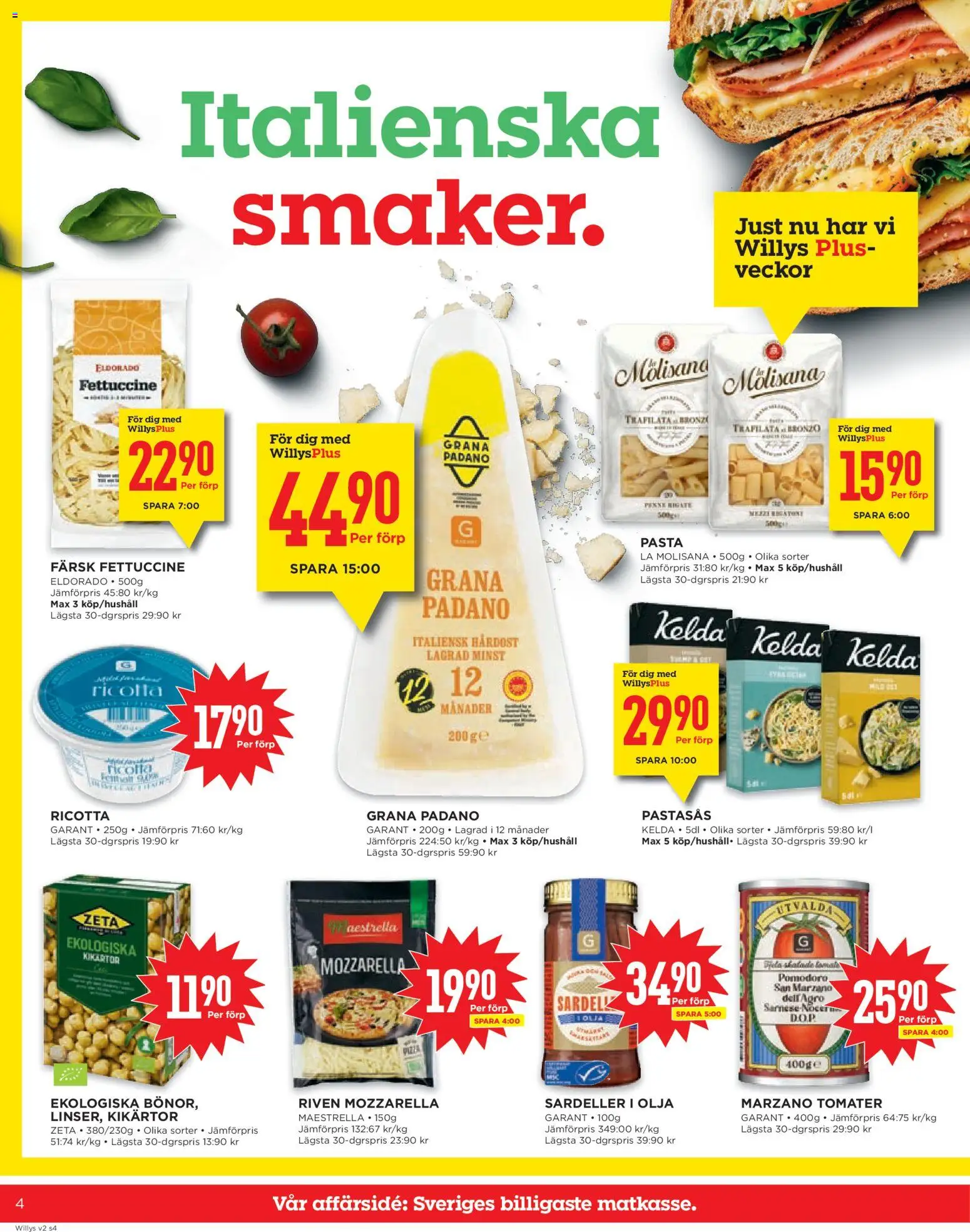 Willys reklamblad aktuell från 05.01.2026 | Sida: 4 | Produkter: Olja, Pizza, Tomater, Pasta