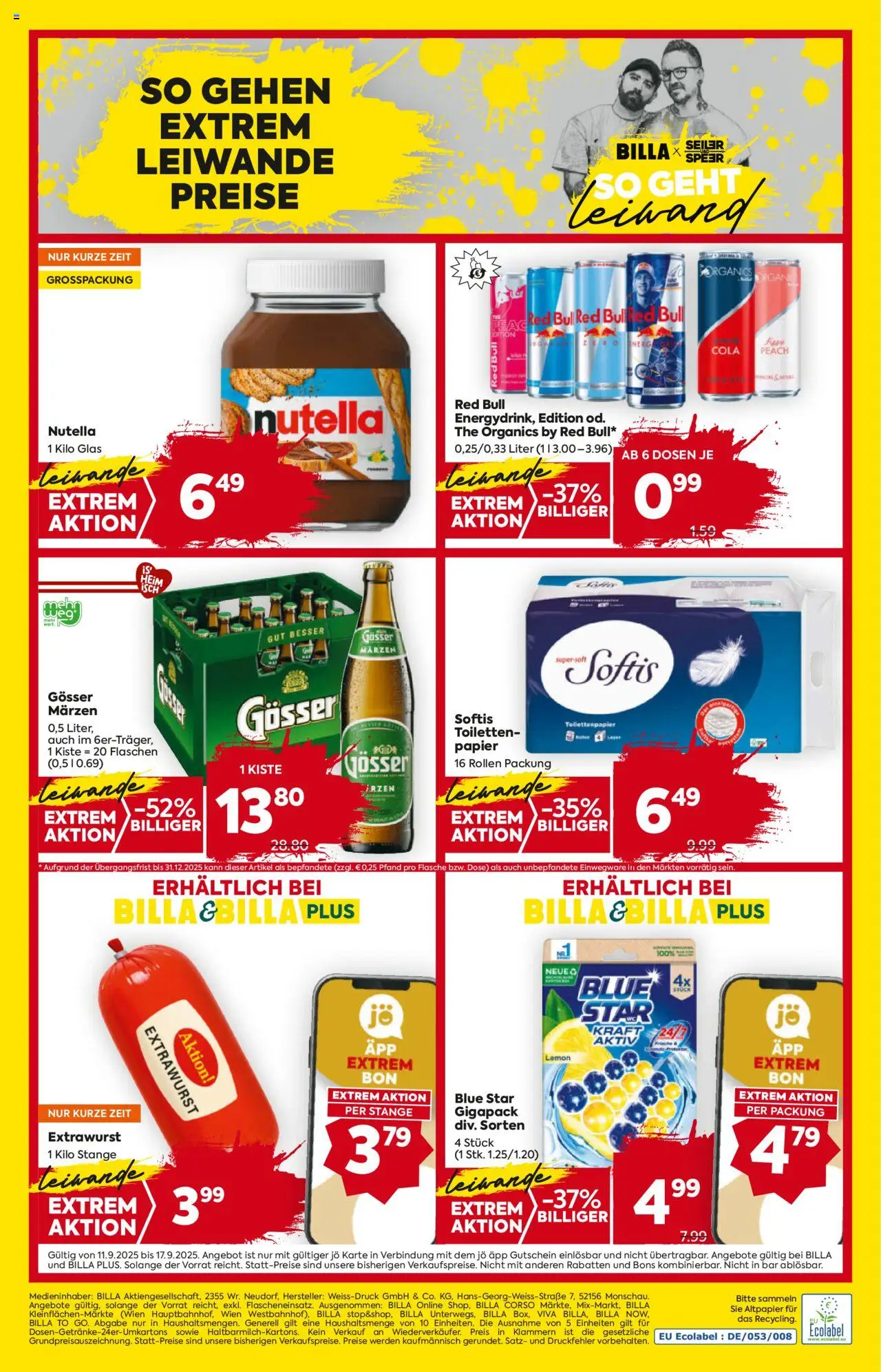 Billa AT akciós ujság - amely érvényes a következő dátumtól: 11.09.2025 | Oldal: 16 | Termékek: Red bull, Nutella, Gösser, Só
