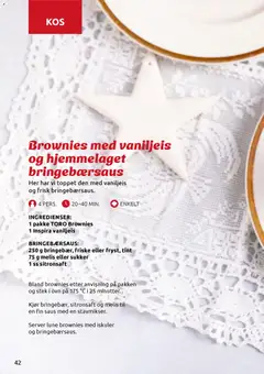 Forhåndsvisning av Brownies med vaniljeis og hjemmelaget bringebærsaus, Brownies with vanilla ice cream and homemade raspberry sauce. Ingredients: 1 pakke TORO Brownies, 1 Inspira vaniljeis, 250 g bringebær, friske eller fryst, tint, 75 g melis eller sukker, 1 ss sitronsaft gyldig fra 22.10.2025 | Side: 42