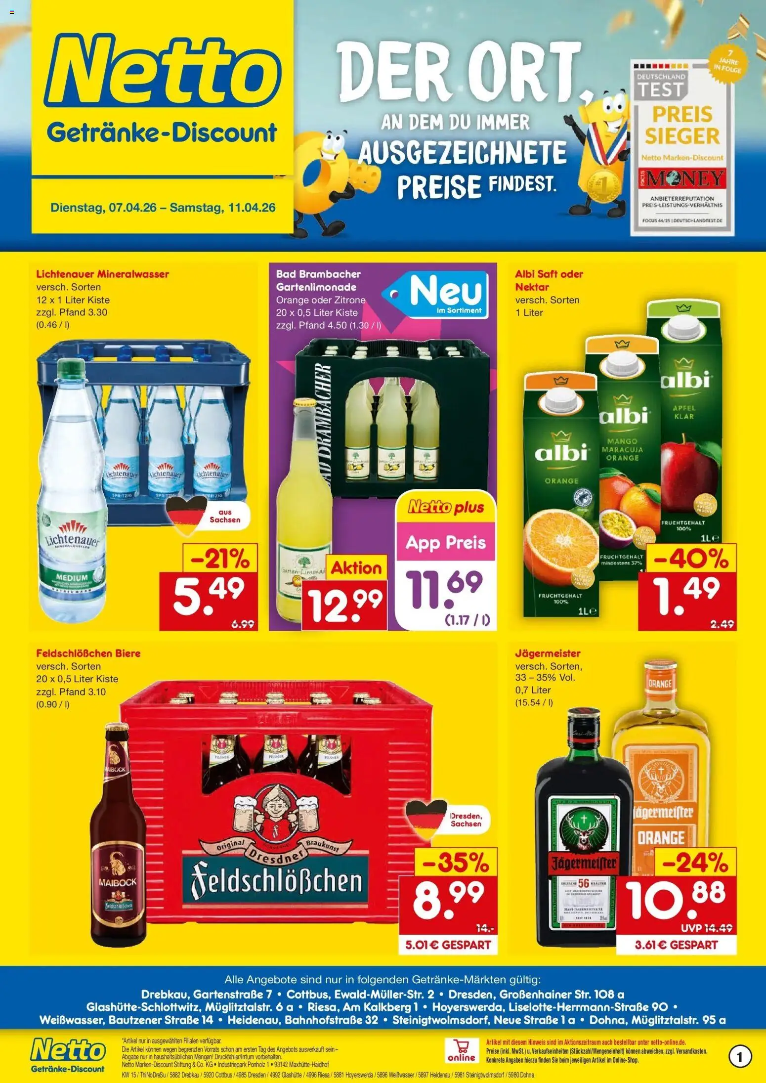 Netto Marken-Discount Prospekt Weißwasser	 – gültig ab 07.04.2026 | Seite: 1 | Produkte: Jägermeister, Zitrone, Mango, Saft